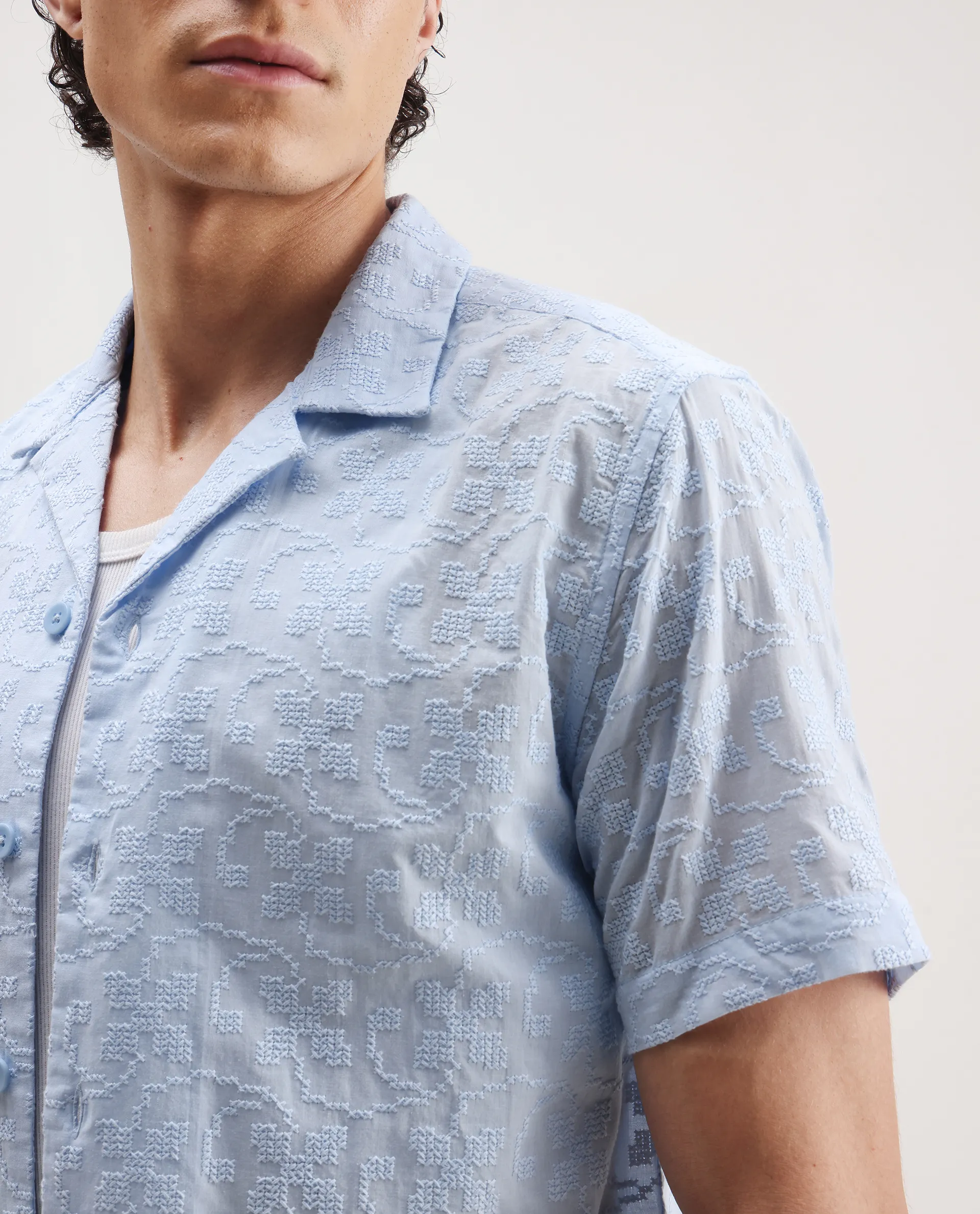 Rare Rabbit Men's Propel Pastel Blue Cotton Embroidered Boxy Fit Half Sleeve Cuban Collar Shirt - Image 3