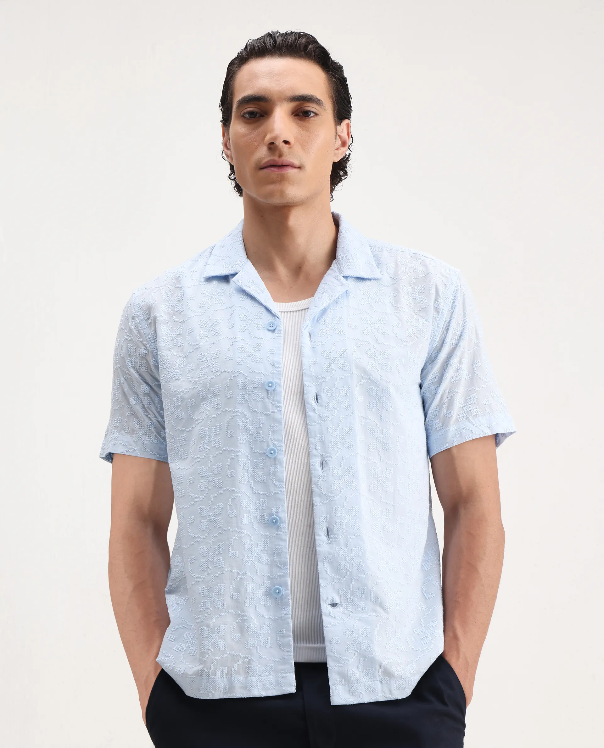 Rare Rabbit Men's Propel Pastel Blue Cotton Embroidered Boxy Fit Half Sleeve Cuban Collar Shirt - Image 4