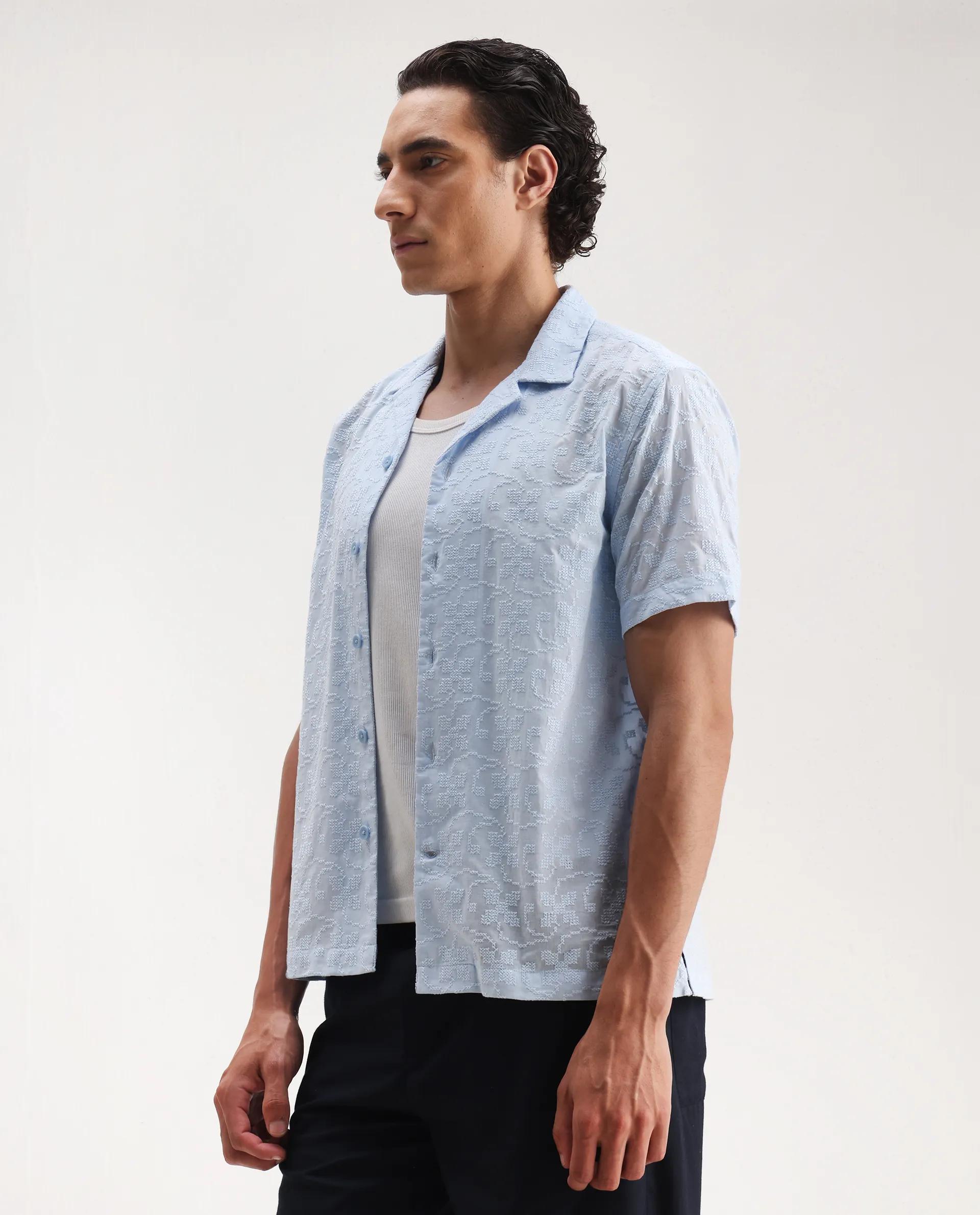 Rare Rabbit Men's Propel Pastel Blue Cotton Embroidered Boxy Fit Half Sleeve Cuban Collar Shirt - Image 5