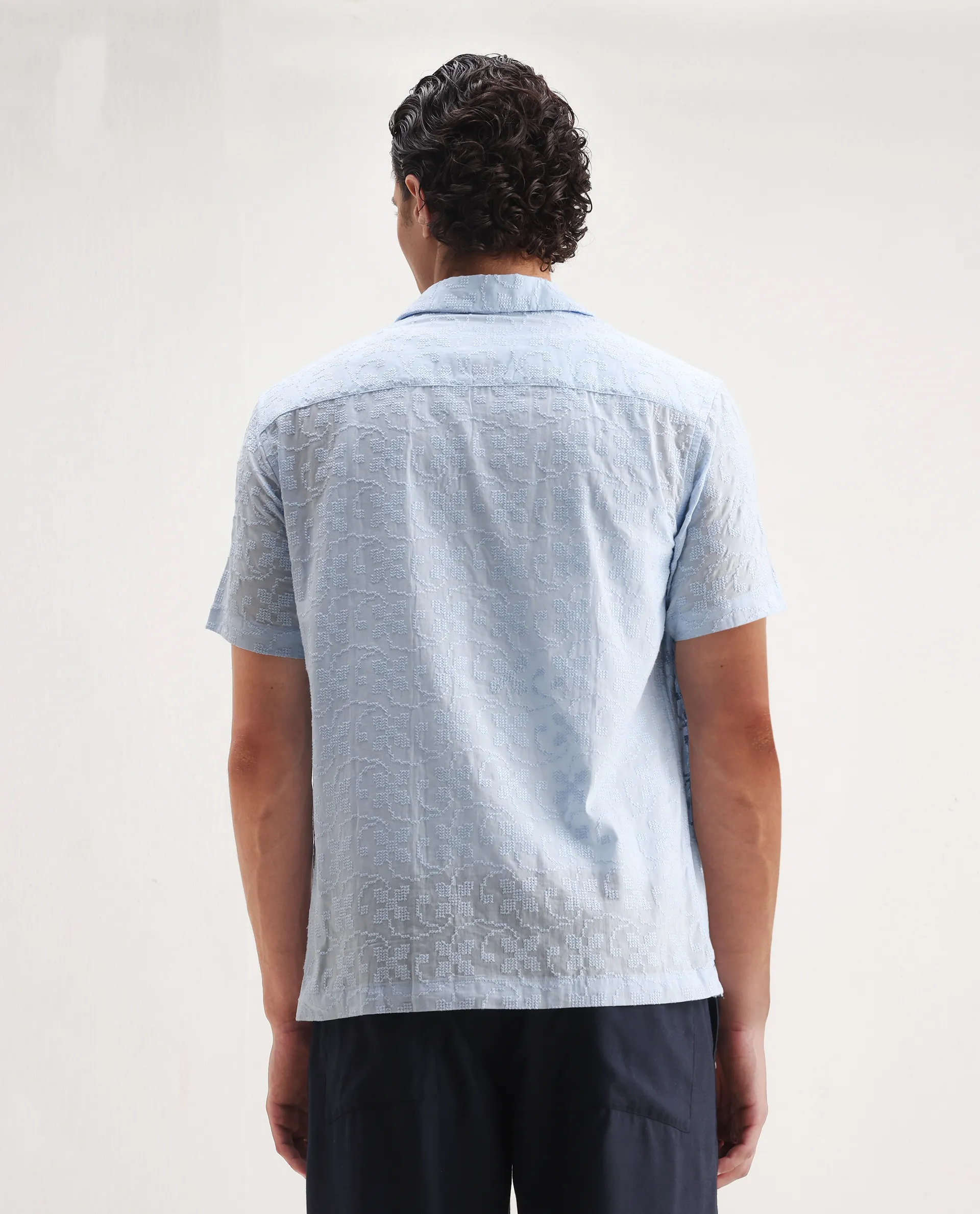 Rare Rabbit Men's Propel Pastel Blue Cotton Embroidered Boxy Fit Half Sleeve Cuban Collar Shirt - Image 6