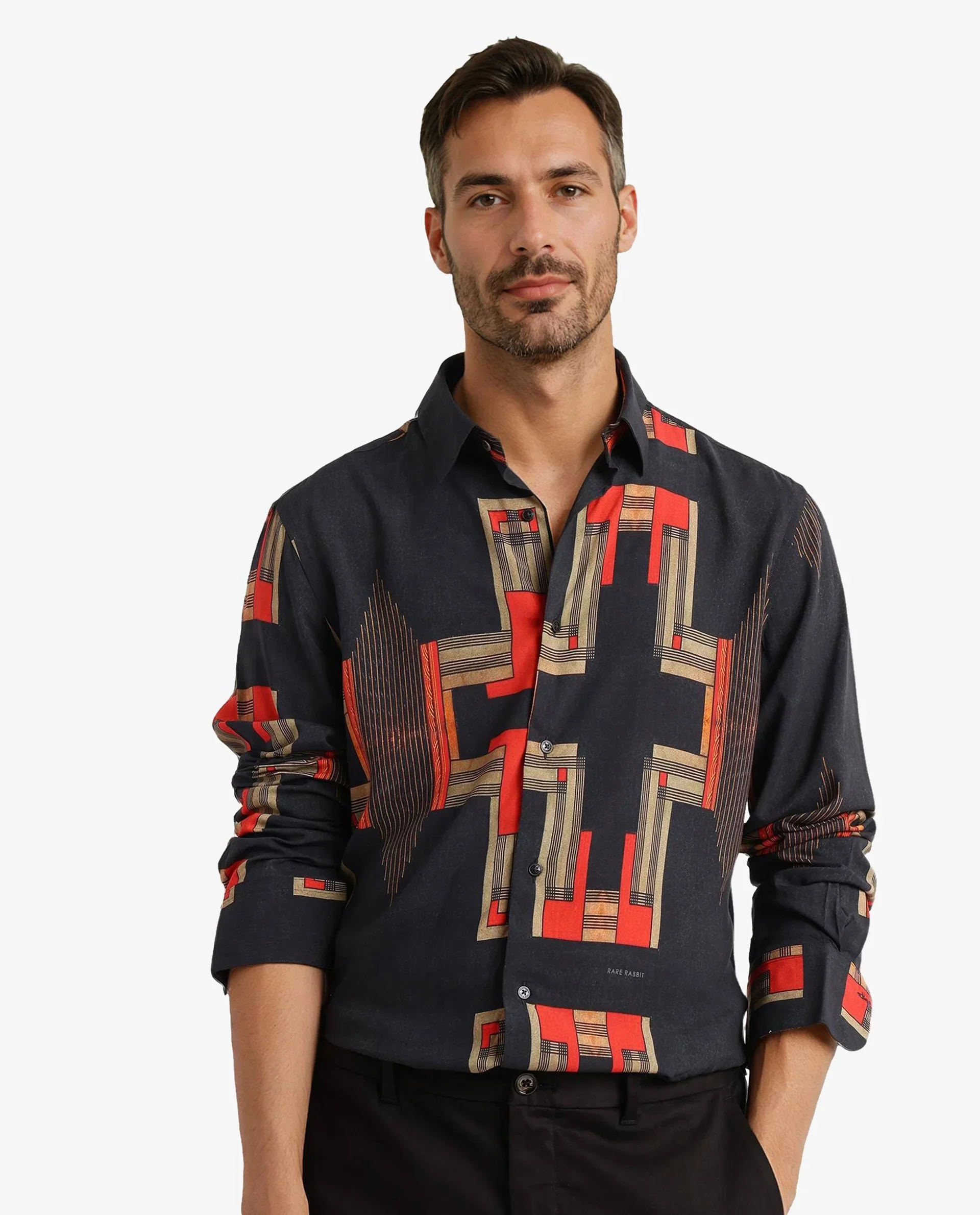 Rare Rabbit Men's Propi Black Cotton Geometric Print Regular Fit Full Sleeve Collared Shirt - Image 3