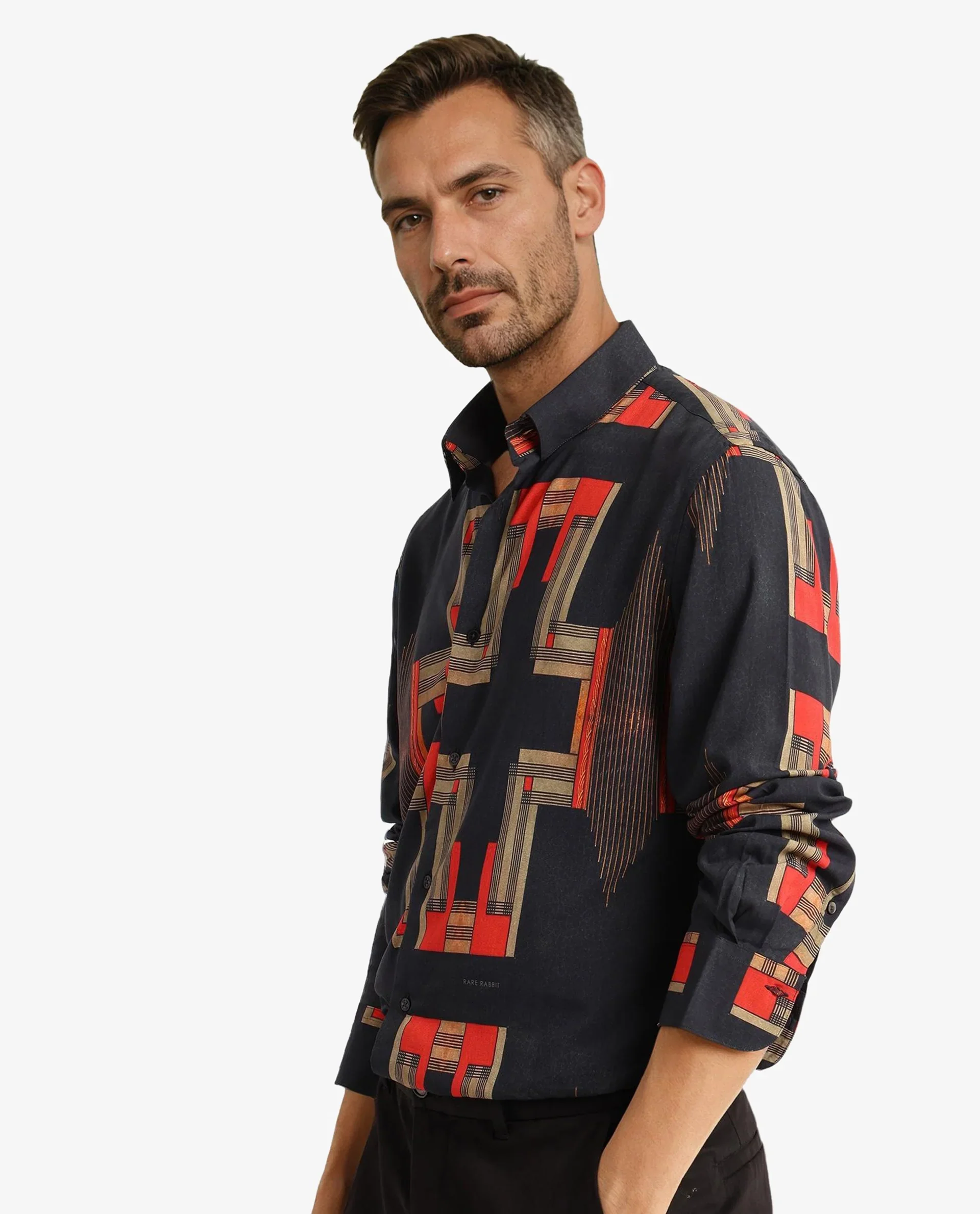 Rare Rabbit Men's Propi Black Cotton Geometric Print Regular Fit Full Sleeve Collared Shirt - Image 7