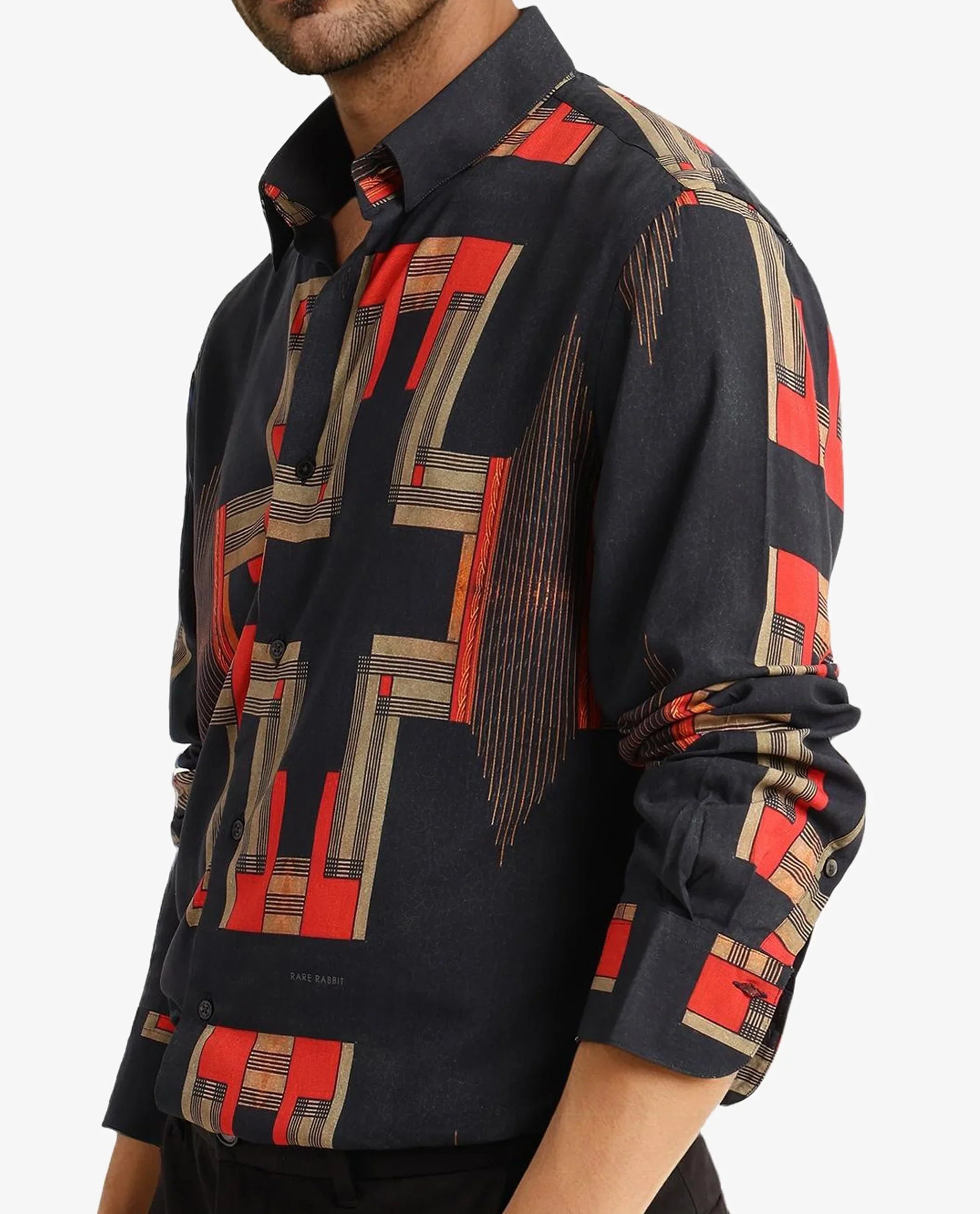 Rare Rabbit Men's Propi Black Cotton Geometric Print Regular Fit Full Sleeve Collared Shirt - Image 8