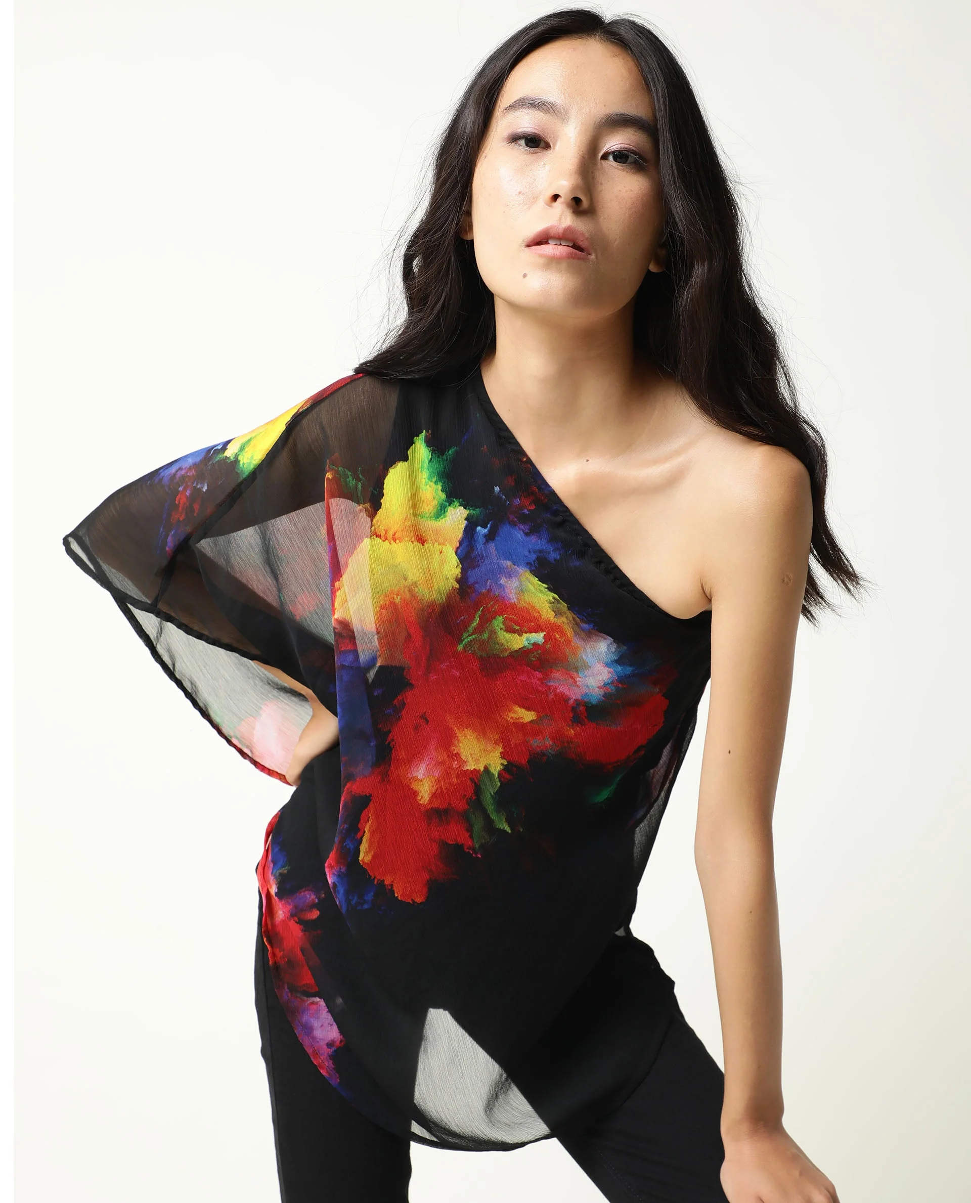 Rareism Women's Propose Black Tube Neck Floral Print Sleeveless Knee Length Regular Fit Top