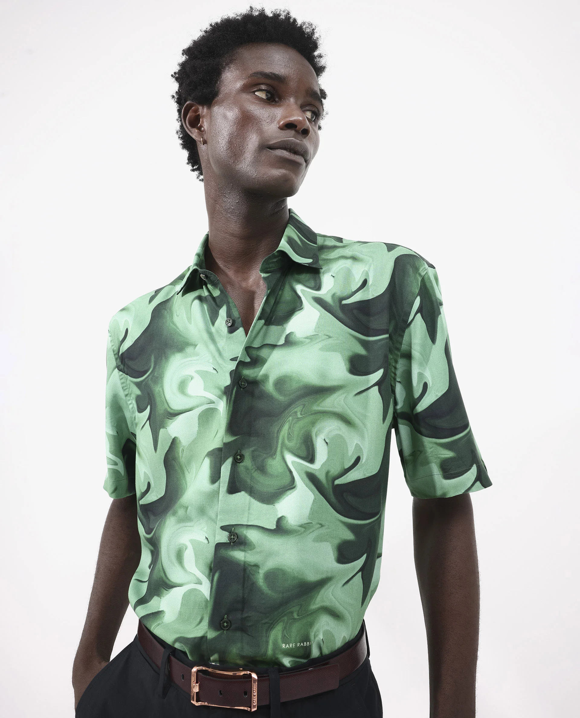 Rare Rabbit Men's Propus Pastel Green Viscose Abstract Print Boxy Fit Half Sleeve Collared Shirt