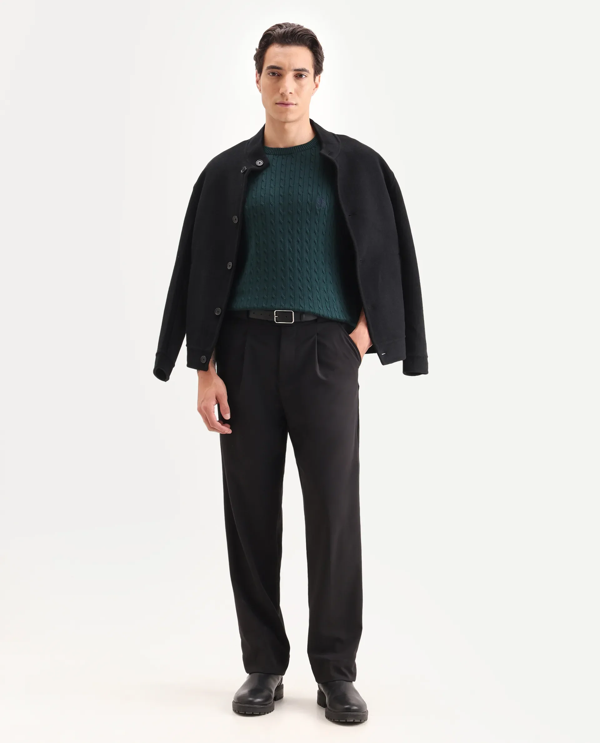 Rare Rabbit Men's Prota Dark Green Cotton Plain Regular Fit Full Sleeve Crew Neck Sweater - Image 2