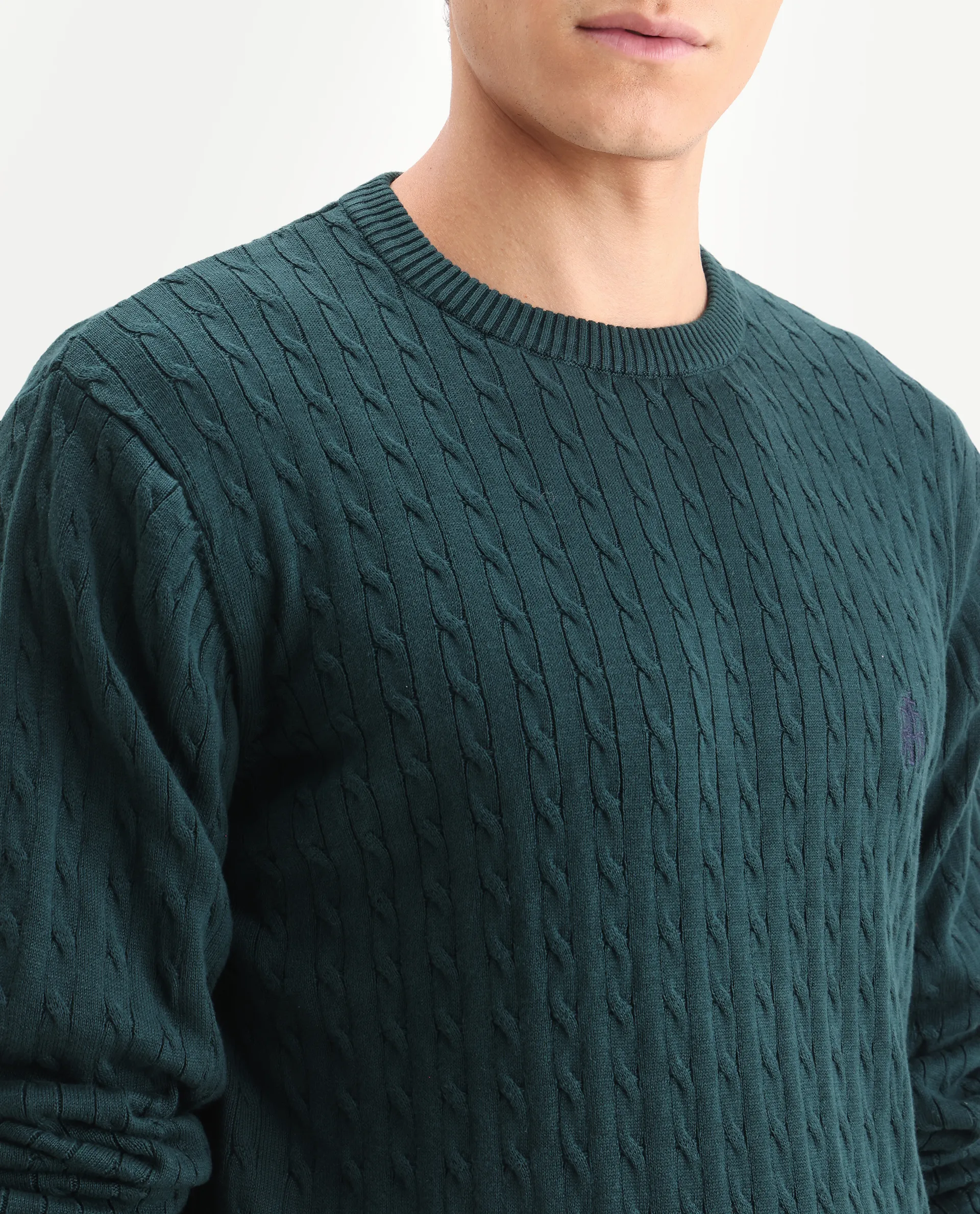 Rare Rabbit Men's Prota Dark Green Cotton Plain Regular Fit Full Sleeve Crew Neck Sweater - Image 3