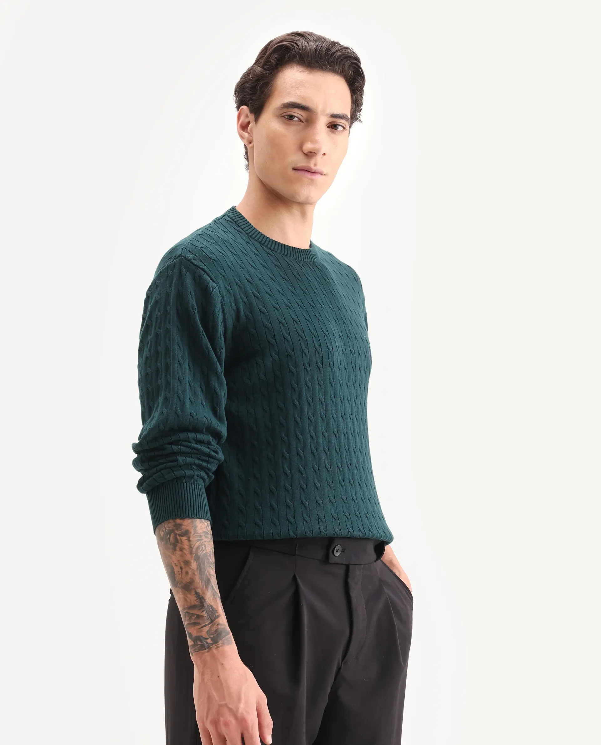 Rare Rabbit Men's Prota Dark Green Cotton Plain Regular Fit Full Sleeve Crew Neck Sweater - Image 6