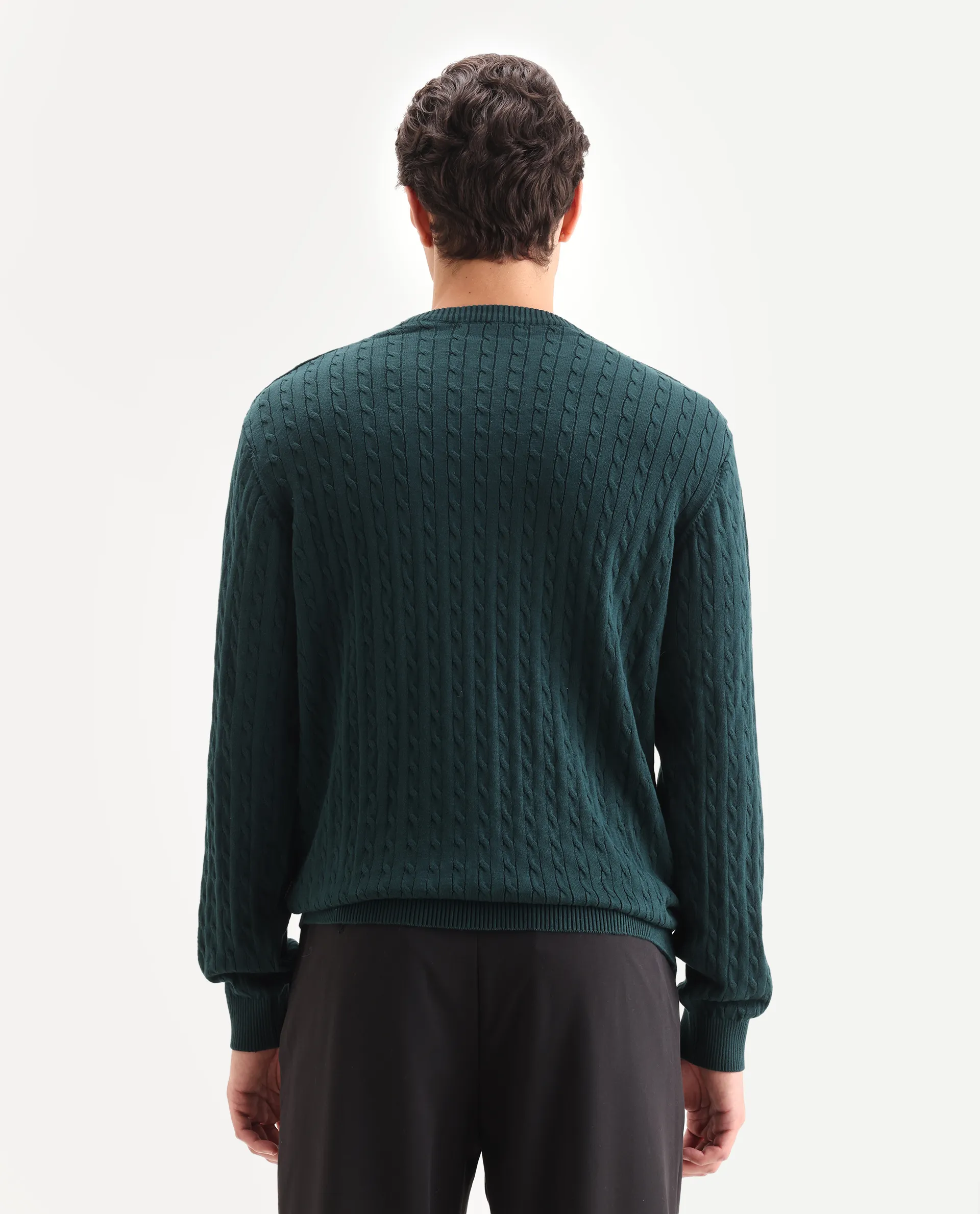 Rare Rabbit Men's Prota Dark Green Cotton Plain Regular Fit Full Sleeve Crew Neck Sweater - Image 7