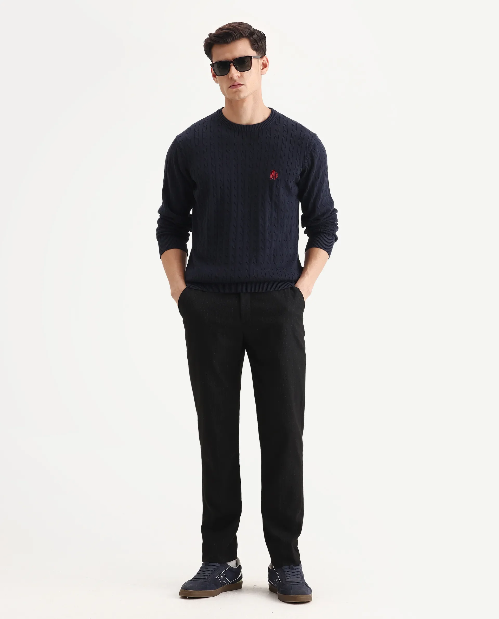 Rare Rabbit Men's Prota Navy Cotton Plain Regular Fit Full Sleeve Crew Neck Sweater - Image 2