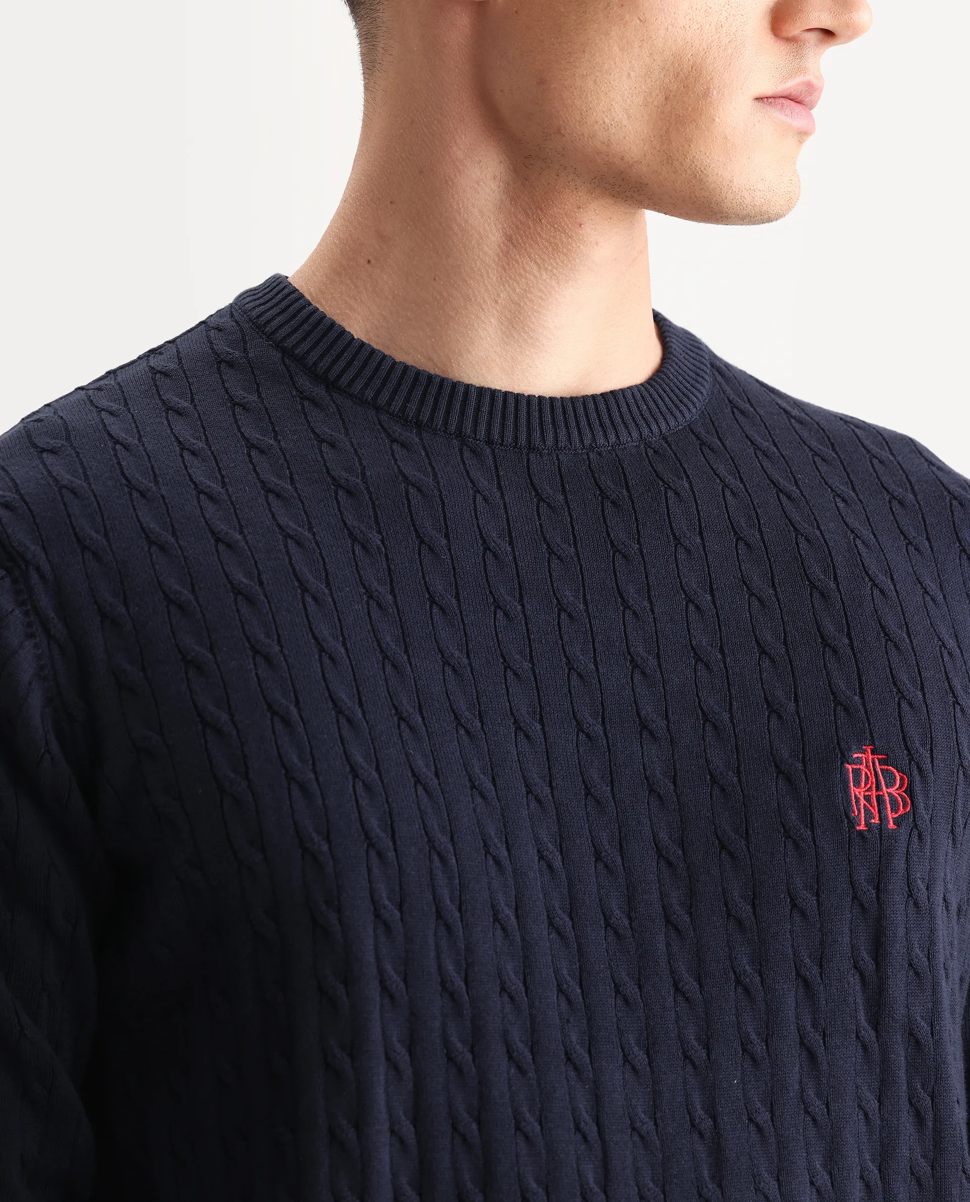 Rare Rabbit Men's Prota Navy Cotton Plain Regular Fit Full Sleeve Crew Neck Sweater - Image 3