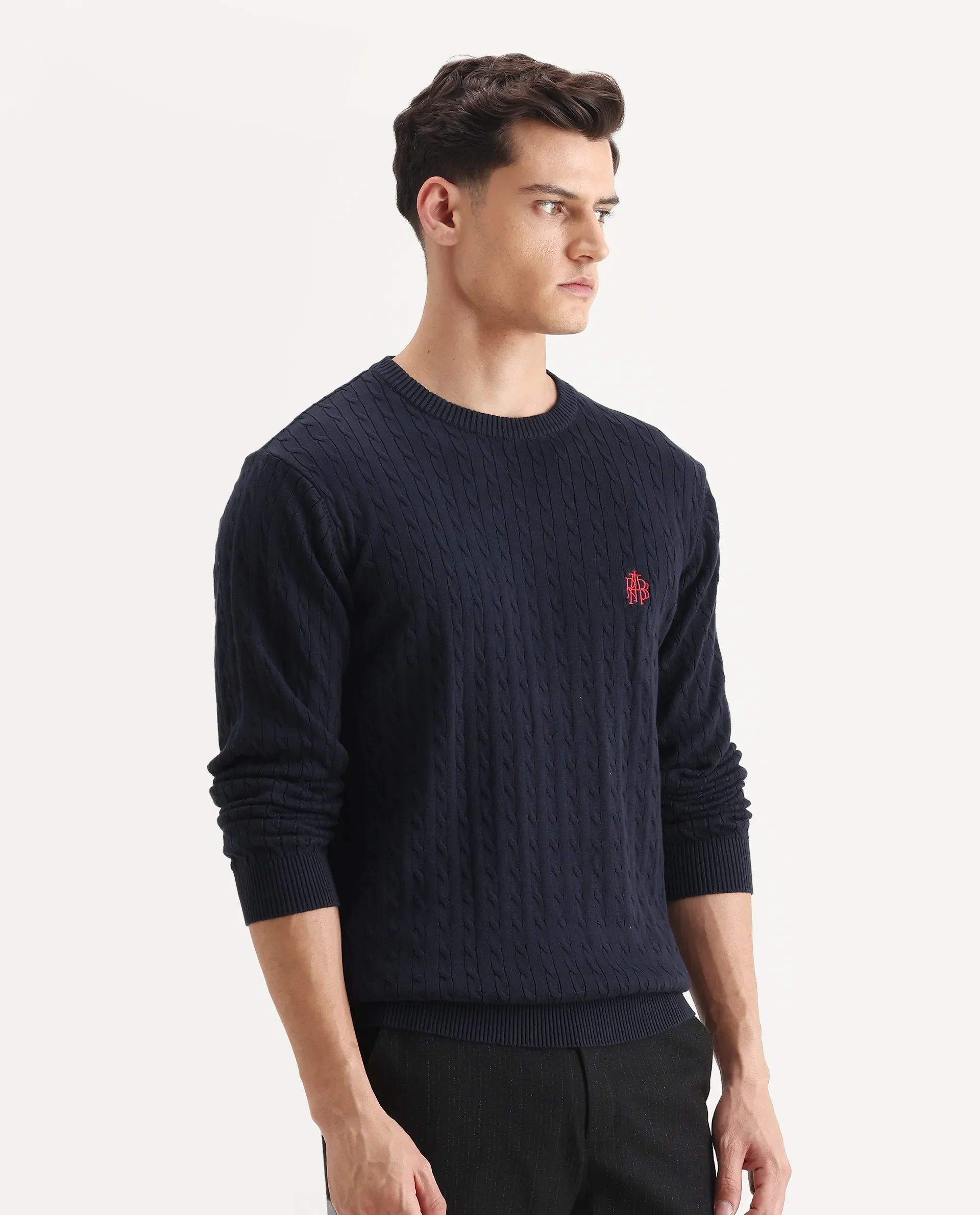 Rare Rabbit Men's Prota Navy Cotton Plain Regular Fit Full Sleeve Crew Neck Sweater - Image 5