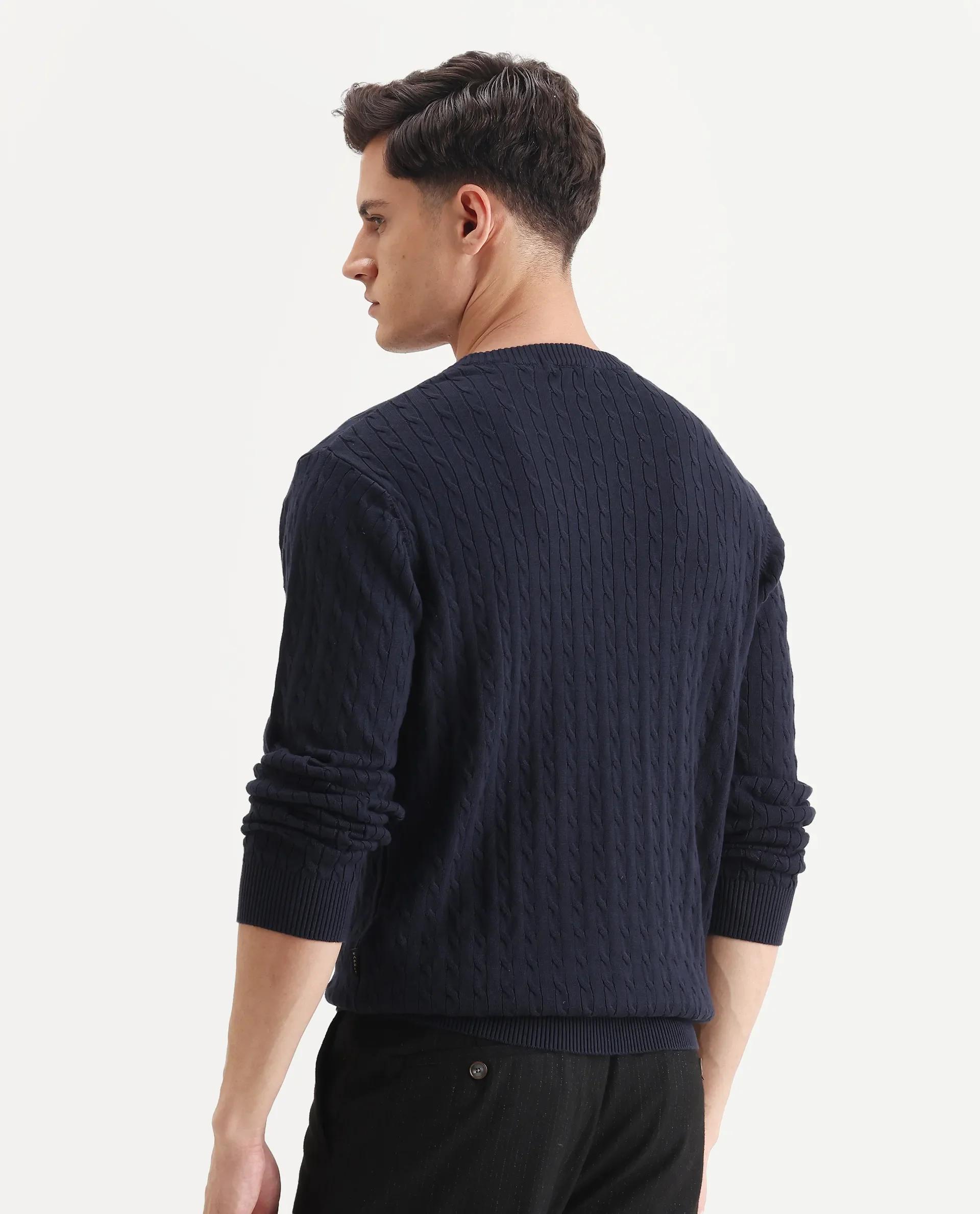 Rare Rabbit Men's Prota Navy Cotton Plain Regular Fit Full Sleeve Crew Neck Sweater - Image 6