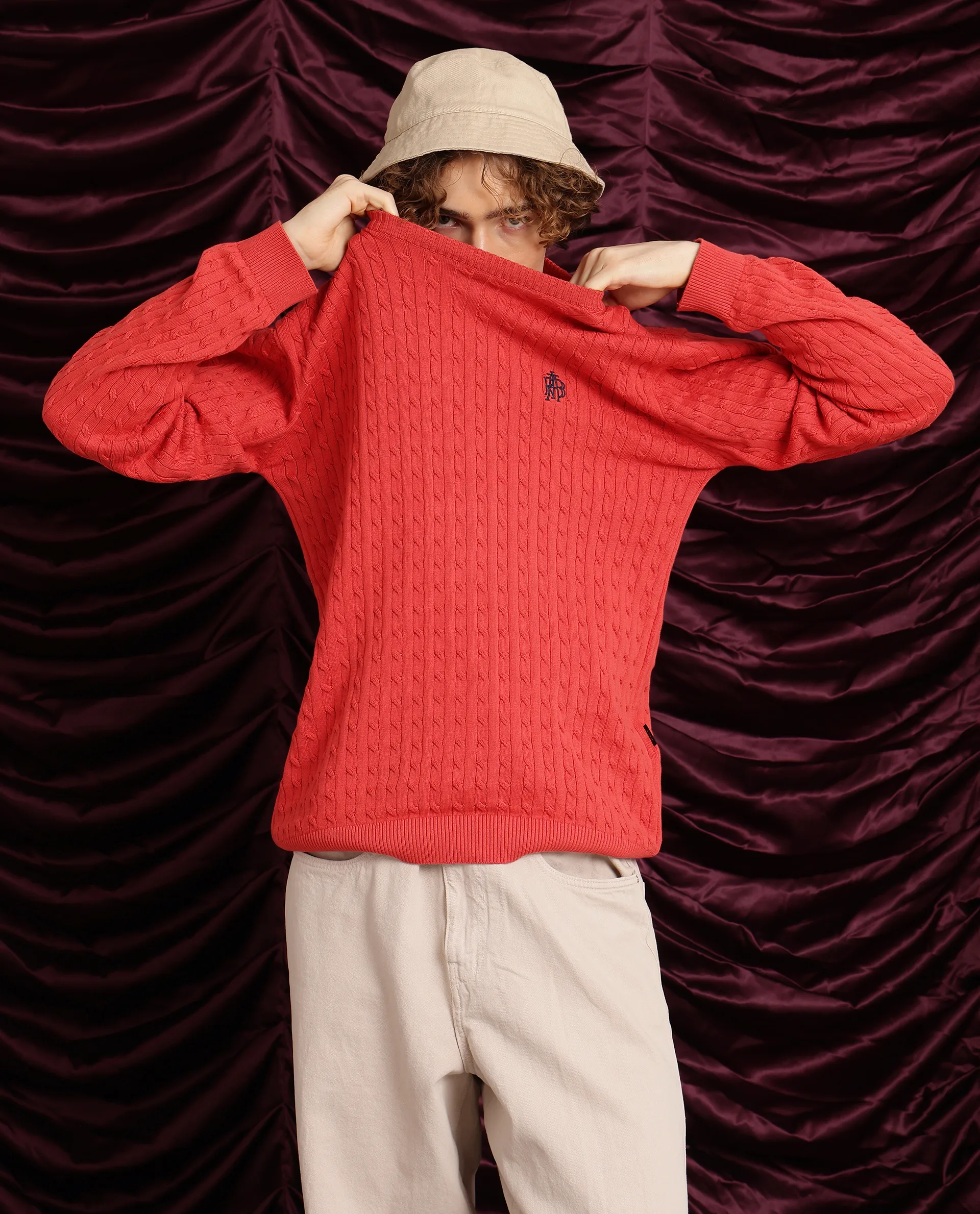 Rare Rabbit Men's Prota Orange Cotton Plain Regular Fit Full Sleeve Crew Neck Sweater