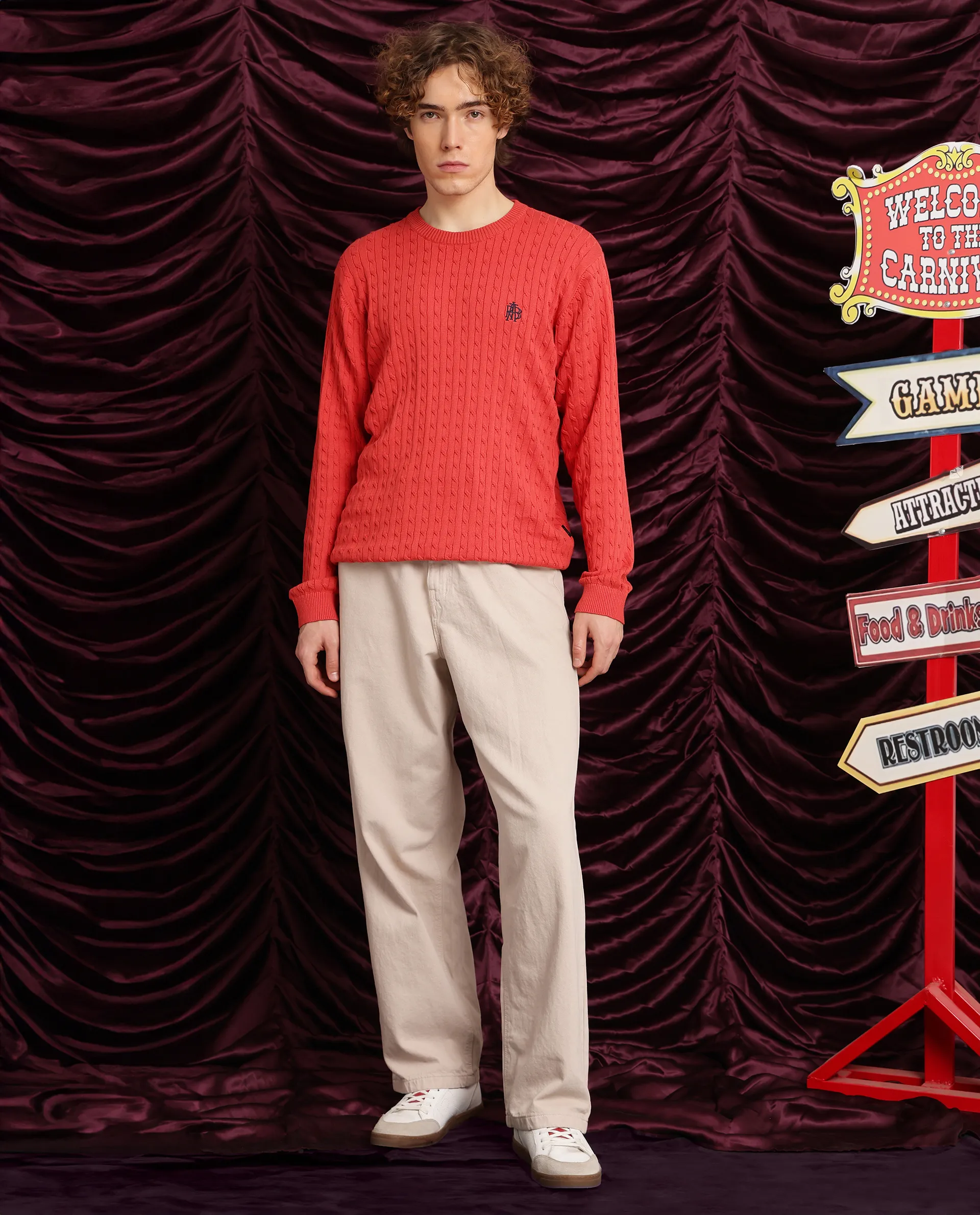 Rare Rabbit Men's Prota Orange Cotton Plain Regular Fit Full Sleeve Crew Neck Sweater - Image 2