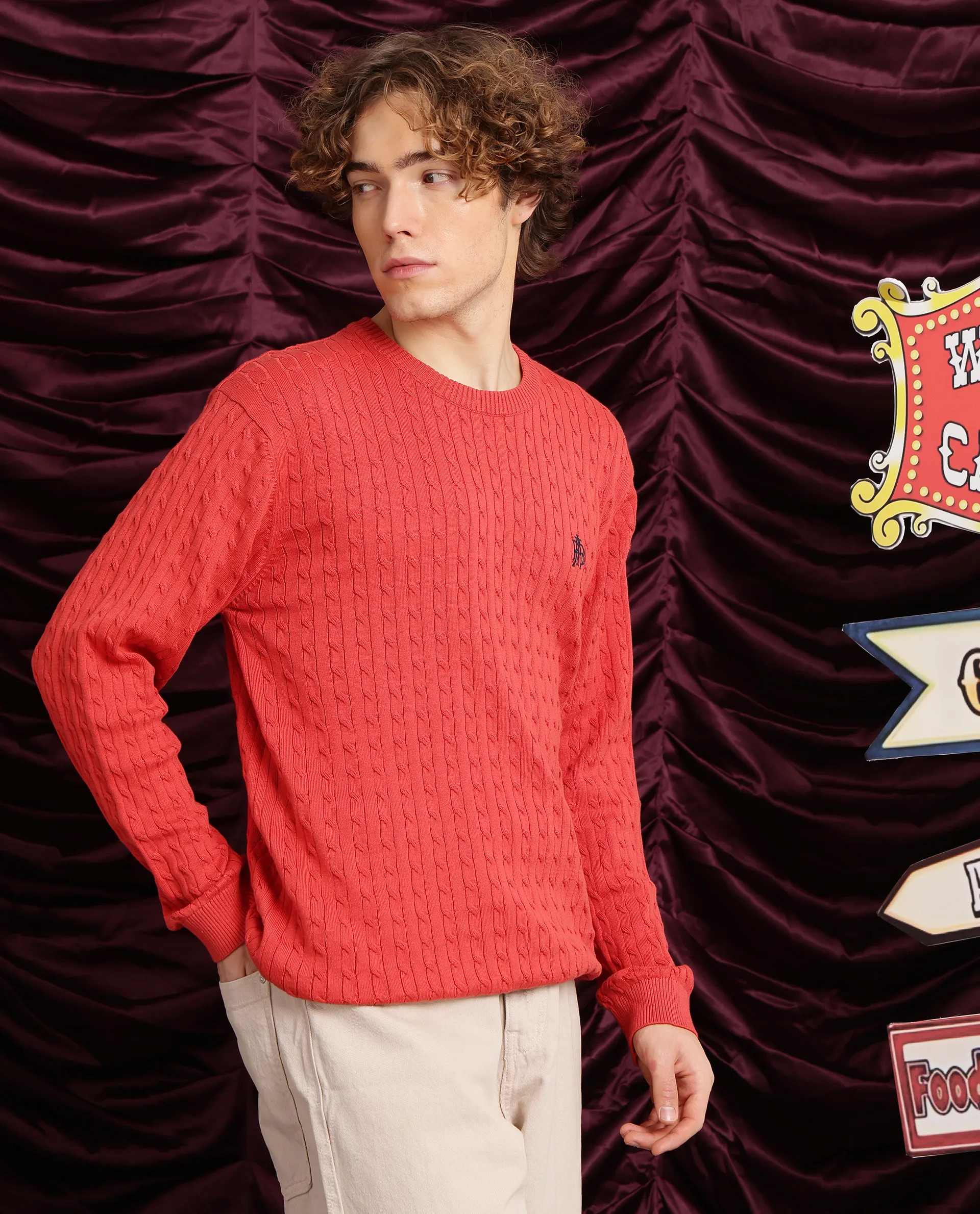 Rare Rabbit Men's Prota Orange Cotton Plain Regular Fit Full Sleeve Crew Neck Sweater - Image 7