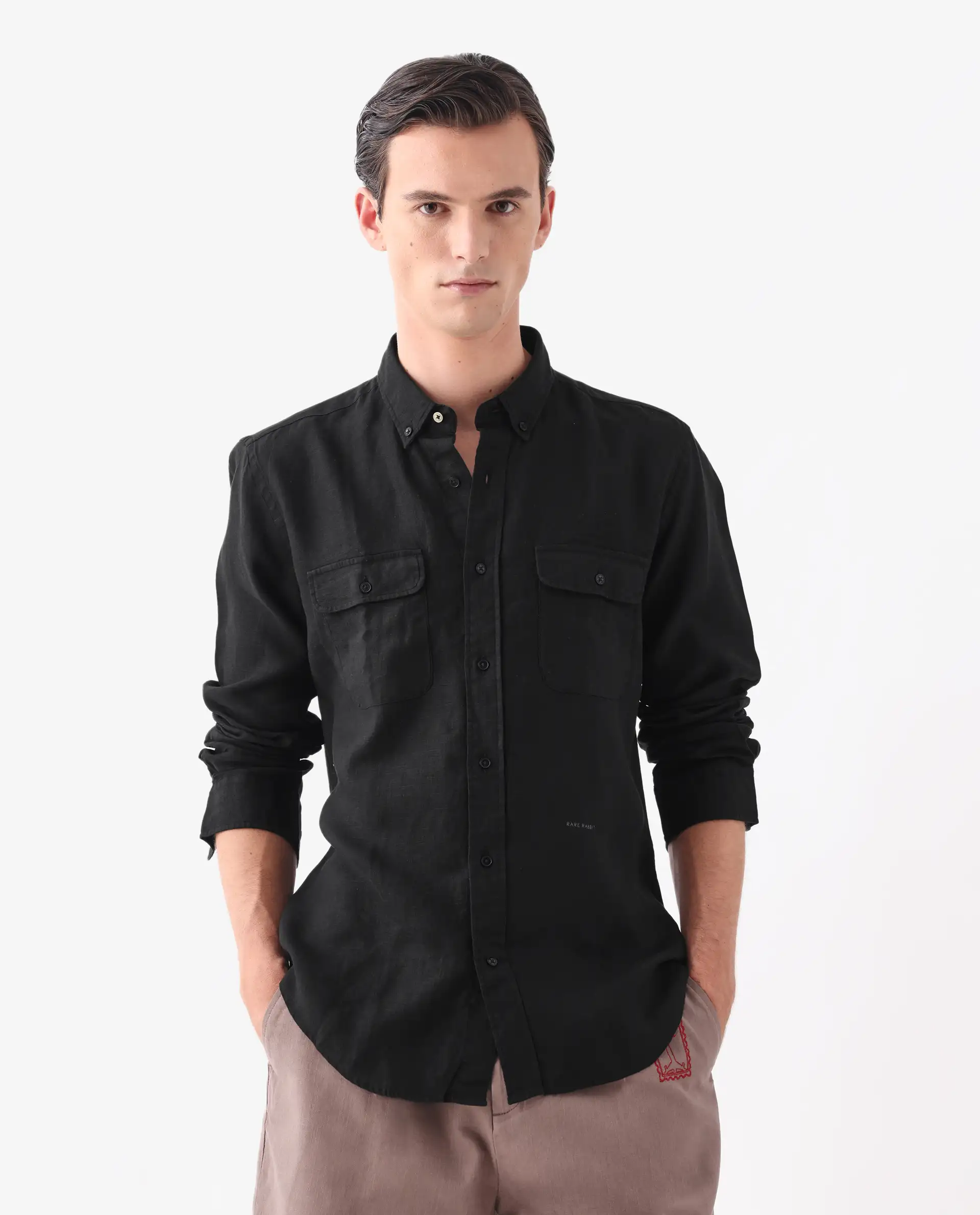 Rare Rabbit Men's Proto Black 100% Linen Plain Regular Fit Full Sleeve Collared Shirt