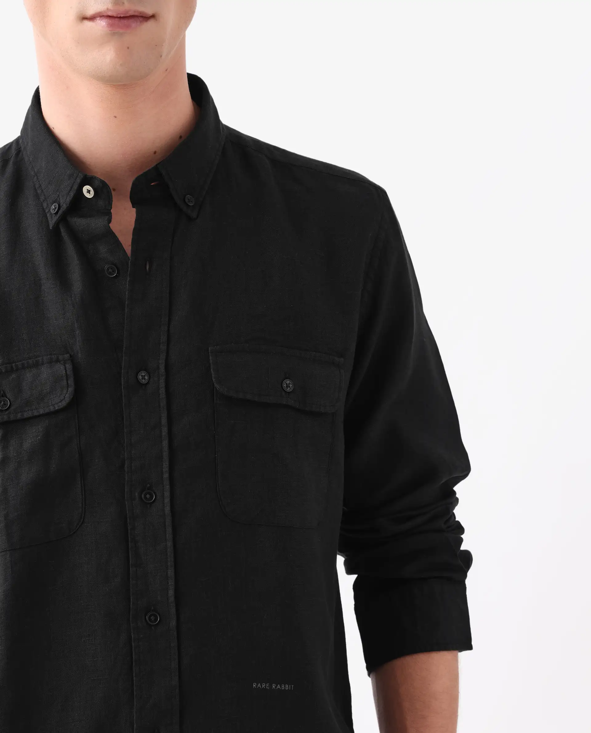 Rare Rabbit Men's Proto Black 100% Linen Plain Regular Fit Full Sleeve Collared Shirt - Image 3