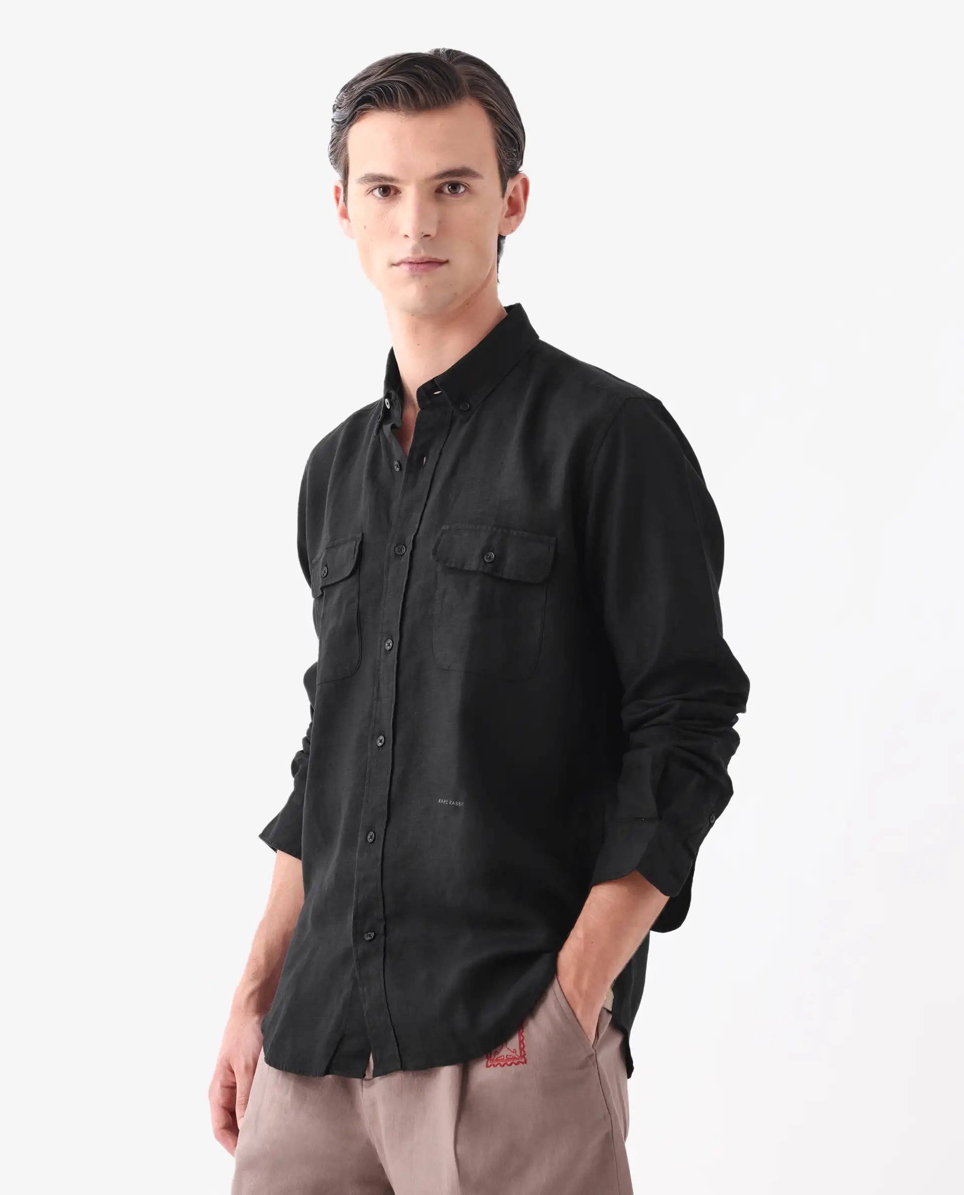Rare Rabbit Men's Proto Black 100% Linen Plain Regular Fit Full Sleeve Collared Shirt - Image 5