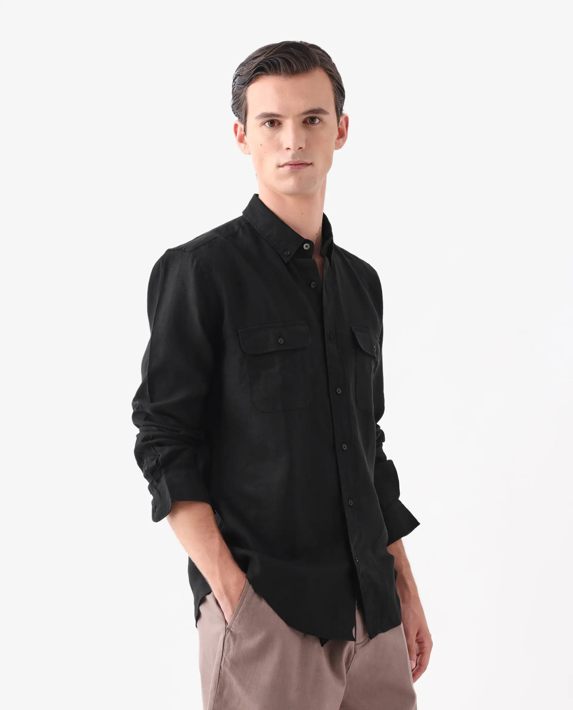 Rare Rabbit Men's Proto Black 100% Linen Plain Regular Fit Full Sleeve Collared Shirt - Image 6