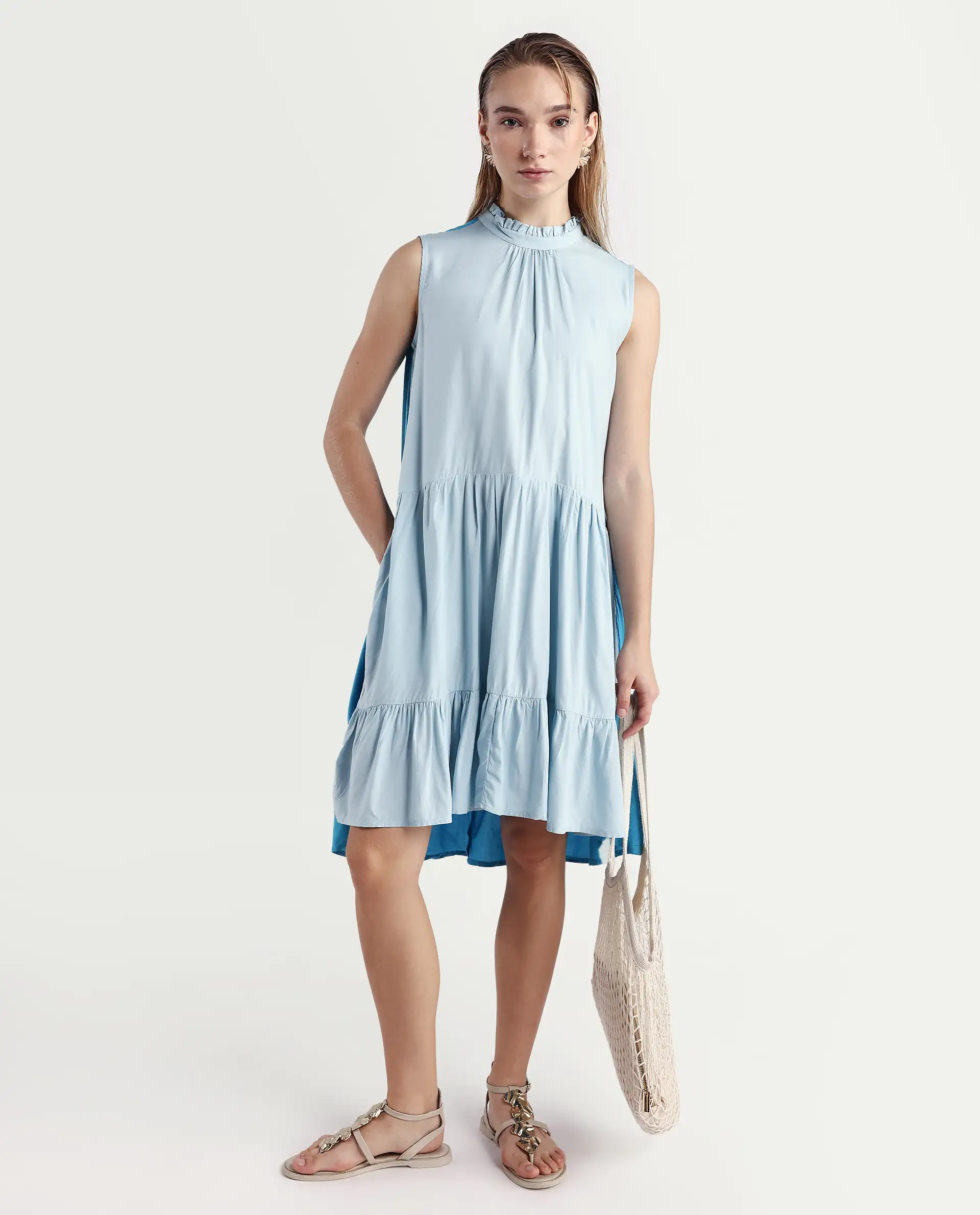 Rareism Women's Provoke Blue Cotton High Neck Color Block Sleeveless Knee Length Regular Fit Dress - Image 2