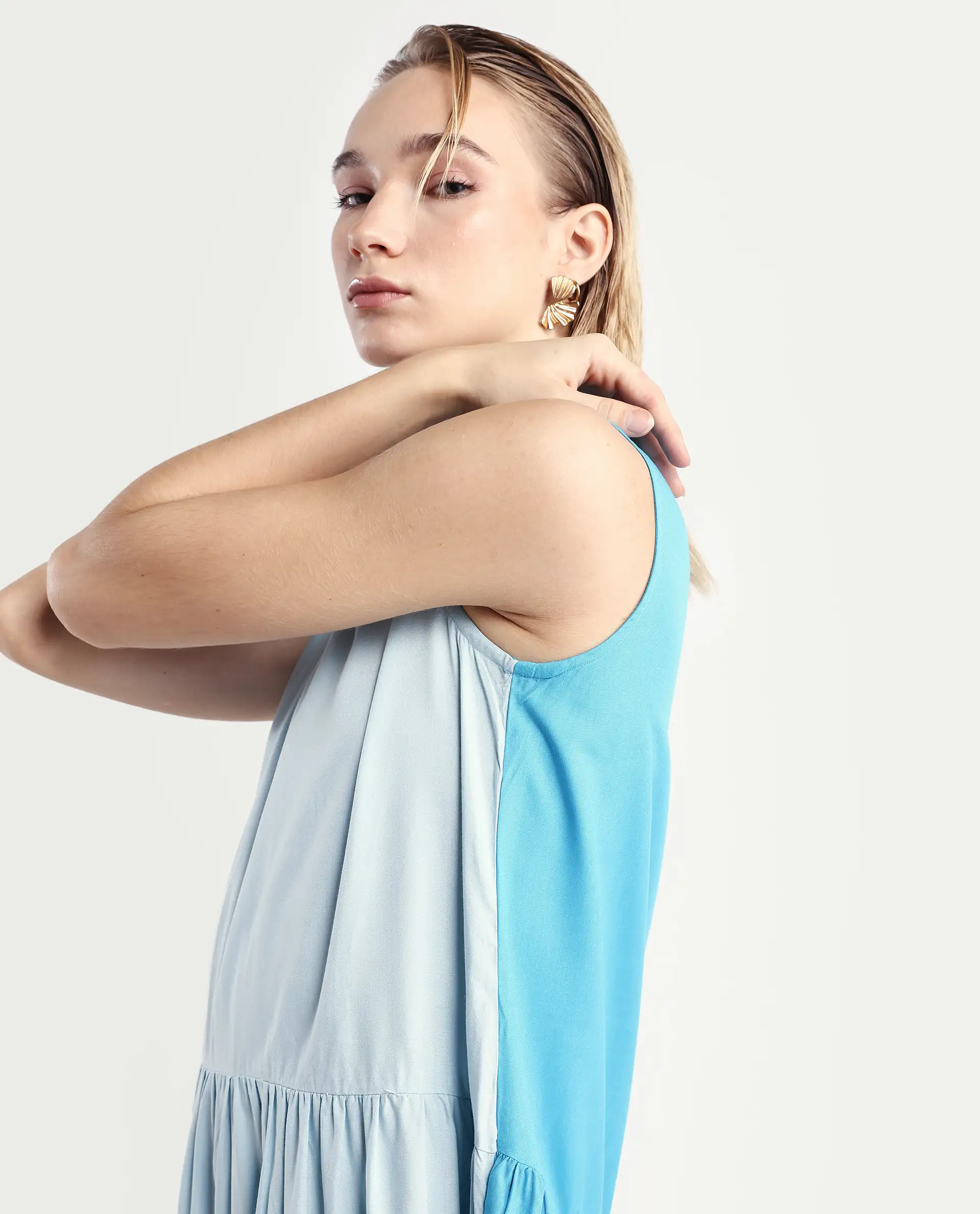 Rareism Women's Provoke Blue Cotton High Neck Color Block Sleeveless Knee Length Regular Fit Dress - Image 3