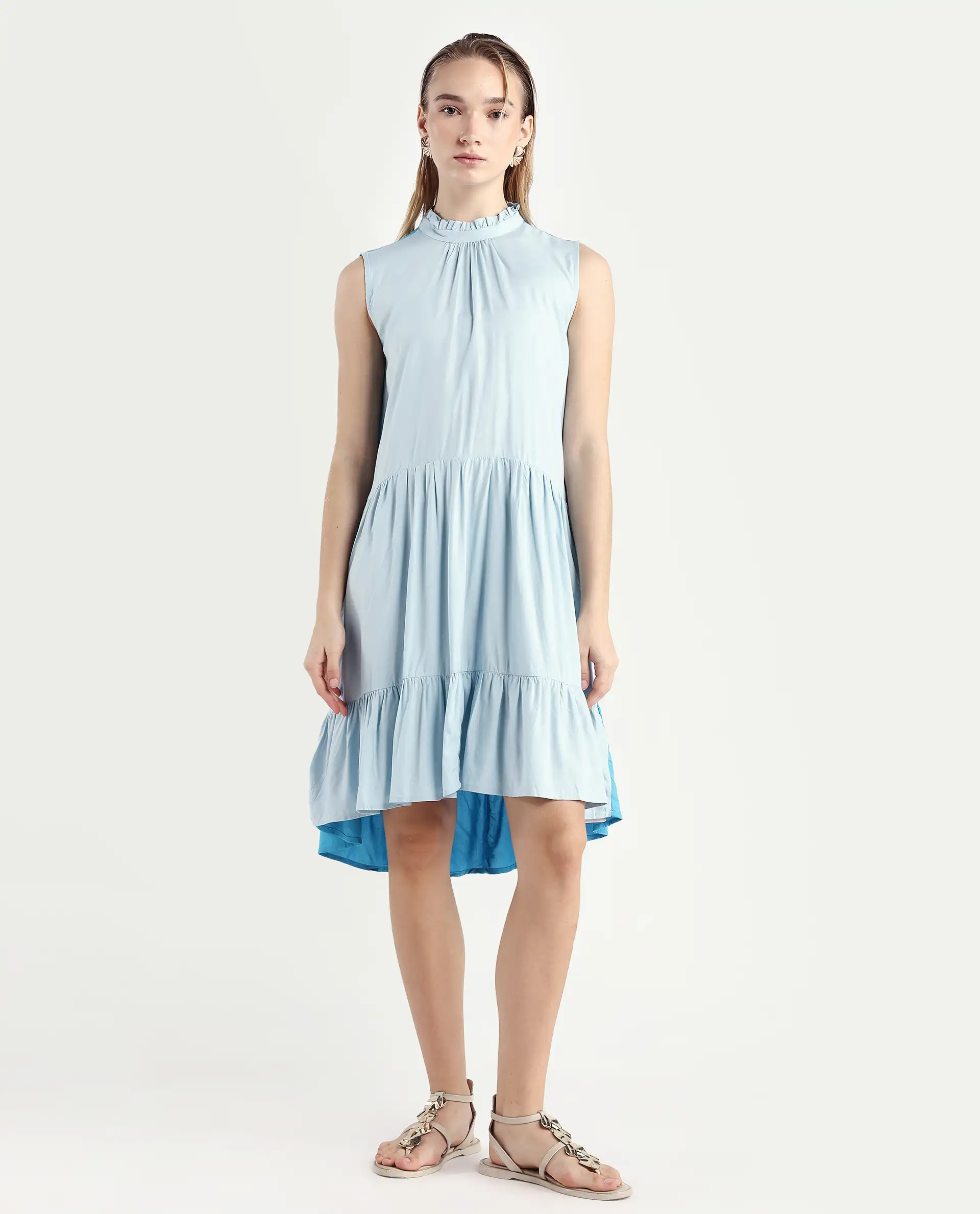 Rareism Women's Provoke Blue Cotton High Neck Color Block Sleeveless Knee Length Regular Fit Dress - Image 5