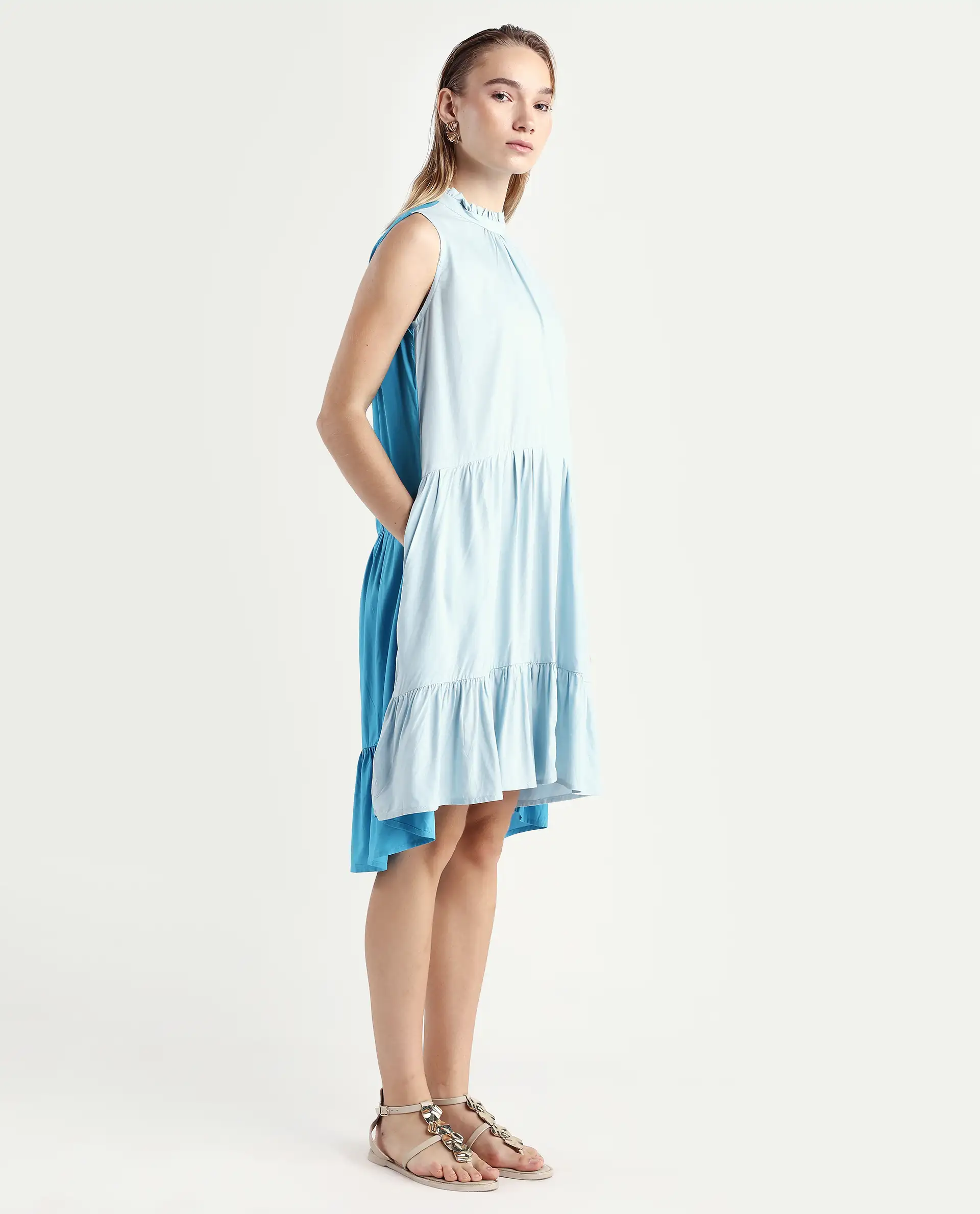 Rareism Women's Provoke Blue Cotton High Neck Color Block Sleeveless Knee Length Regular Fit Dress - Image 6