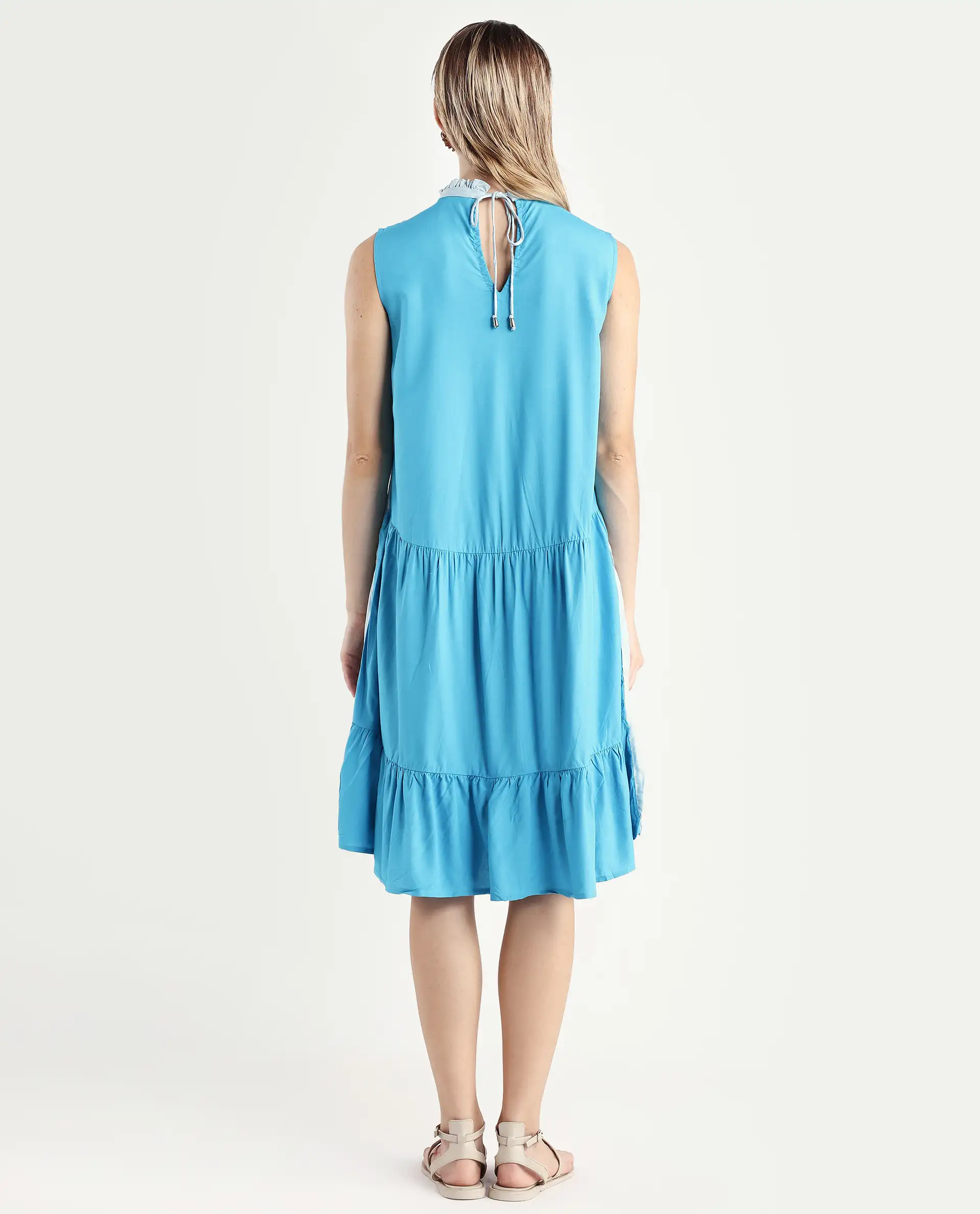 Rareism Women's Provoke Blue Cotton High Neck Color Block Sleeveless Knee Length Regular Fit Dress - Image 7