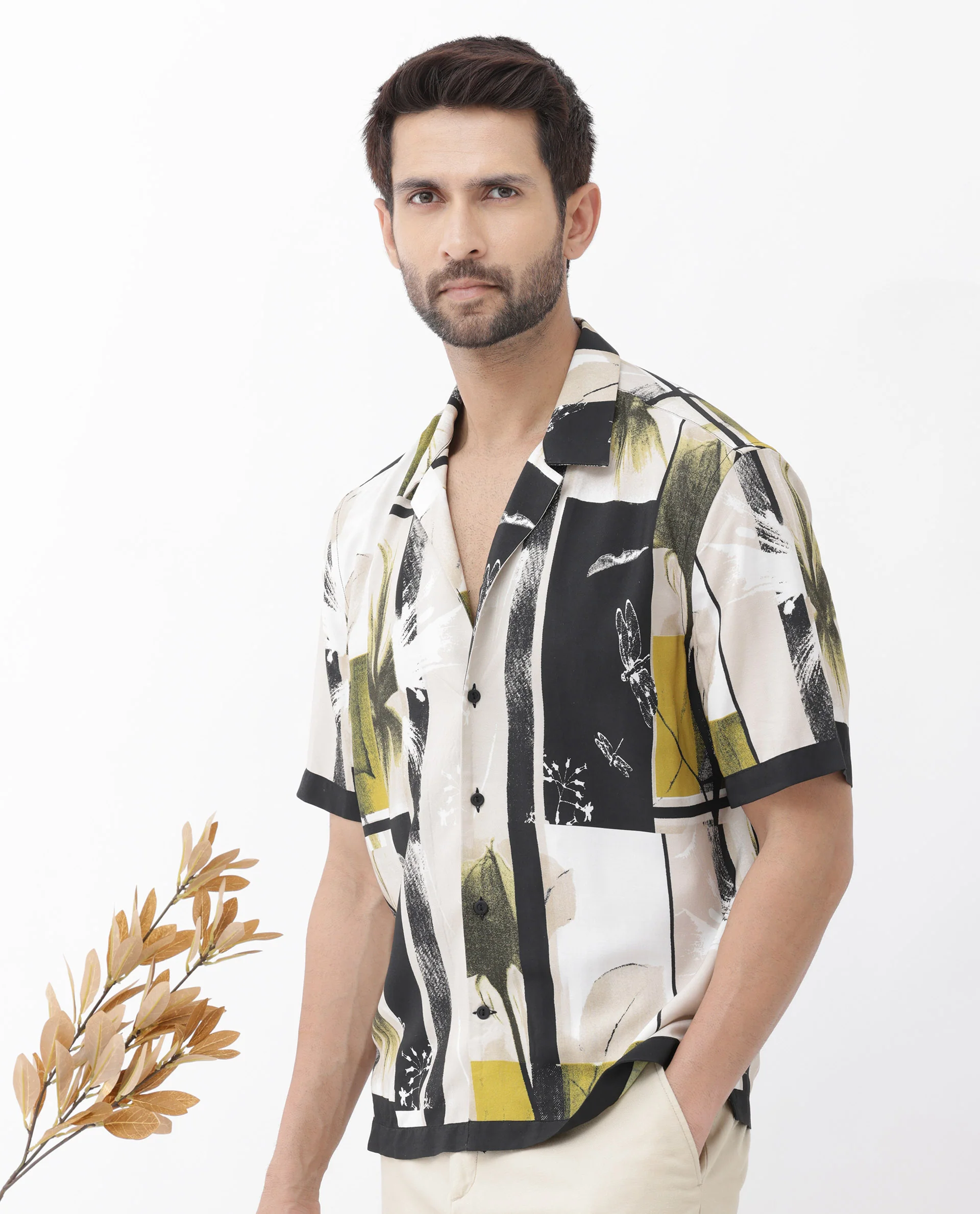 Rare Rabbit Men's Prunos Beige Viscose Floral Print Boxy Fit Half Sleeve Cuban Collar Shirt - Image 11