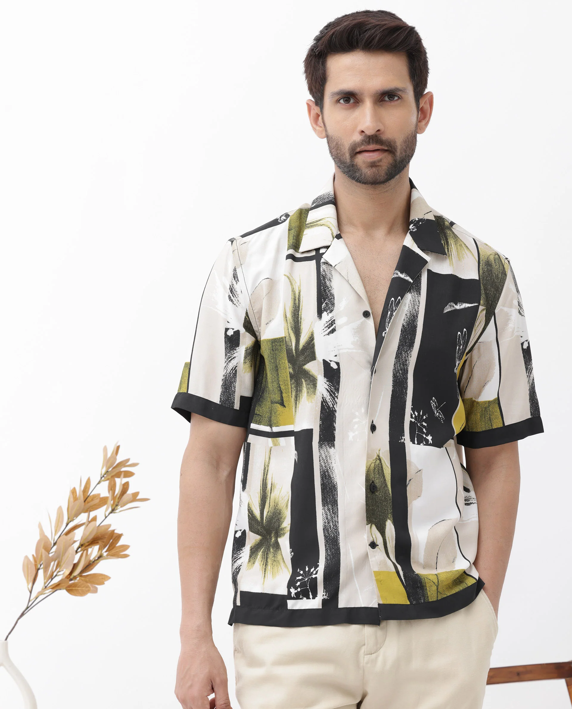 Rare Rabbit Men's Prunos Beige Viscose Floral Print Boxy Fit Half Sleeve Cuban Collar Shirt - Image 3