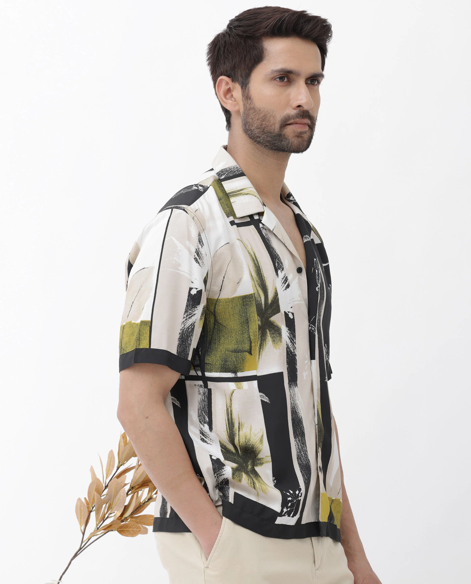 Rare Rabbit Men's Prunos Beige Viscose Floral Print Boxy Fit Half Sleeve Cuban Collar Shirt - Image 8