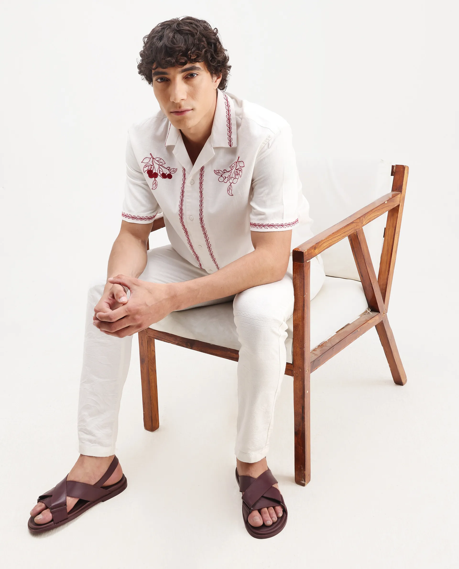 Rare Rabbit Men's Prunus Off White Cotton Embroidered Boxy Fit Half Sleeve Cuban Collar Shirt - Image 2