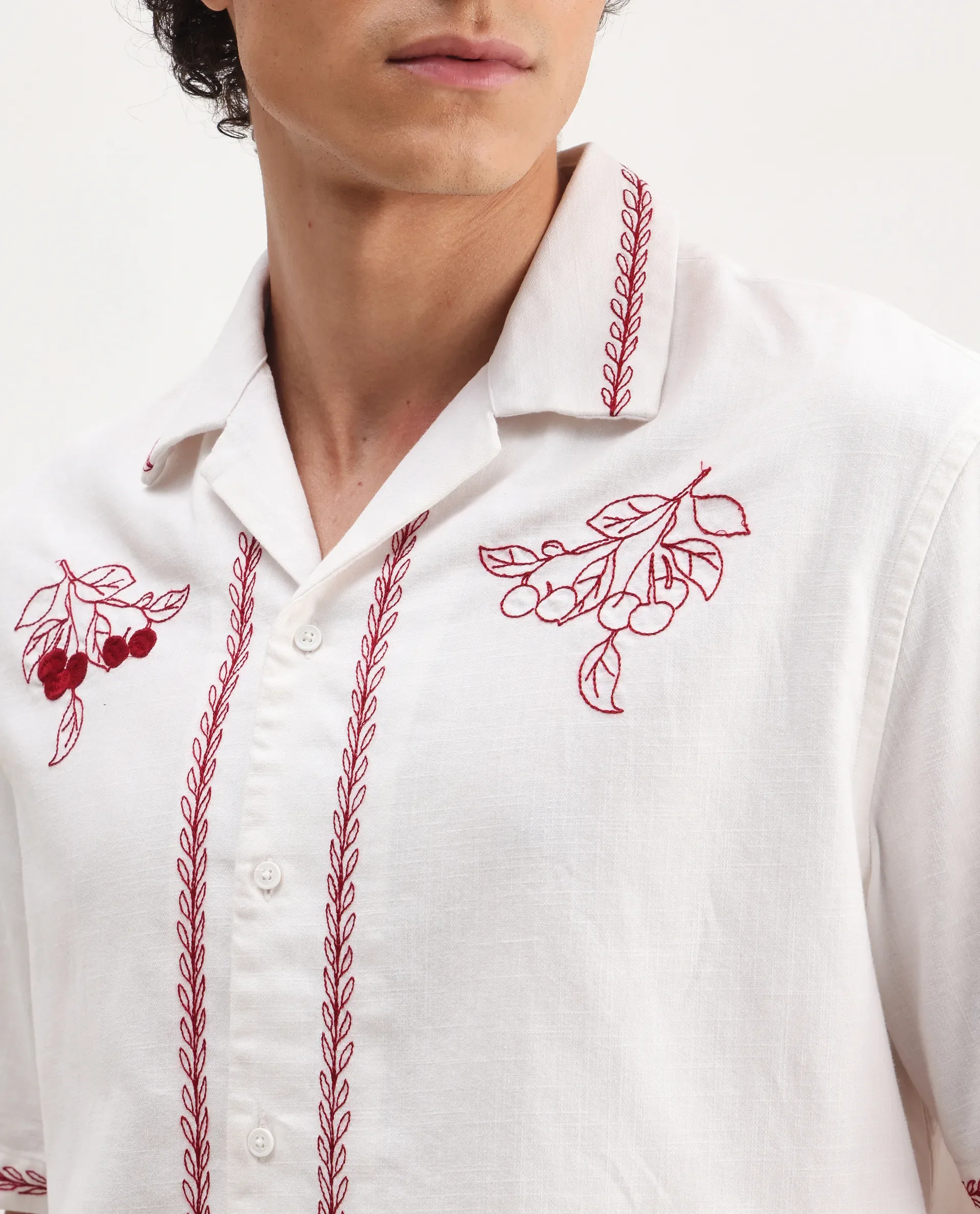Rare Rabbit Men's Prunus Off White Cotton Embroidered Boxy Fit Half Sleeve Cuban Collar Shirt - Image 3