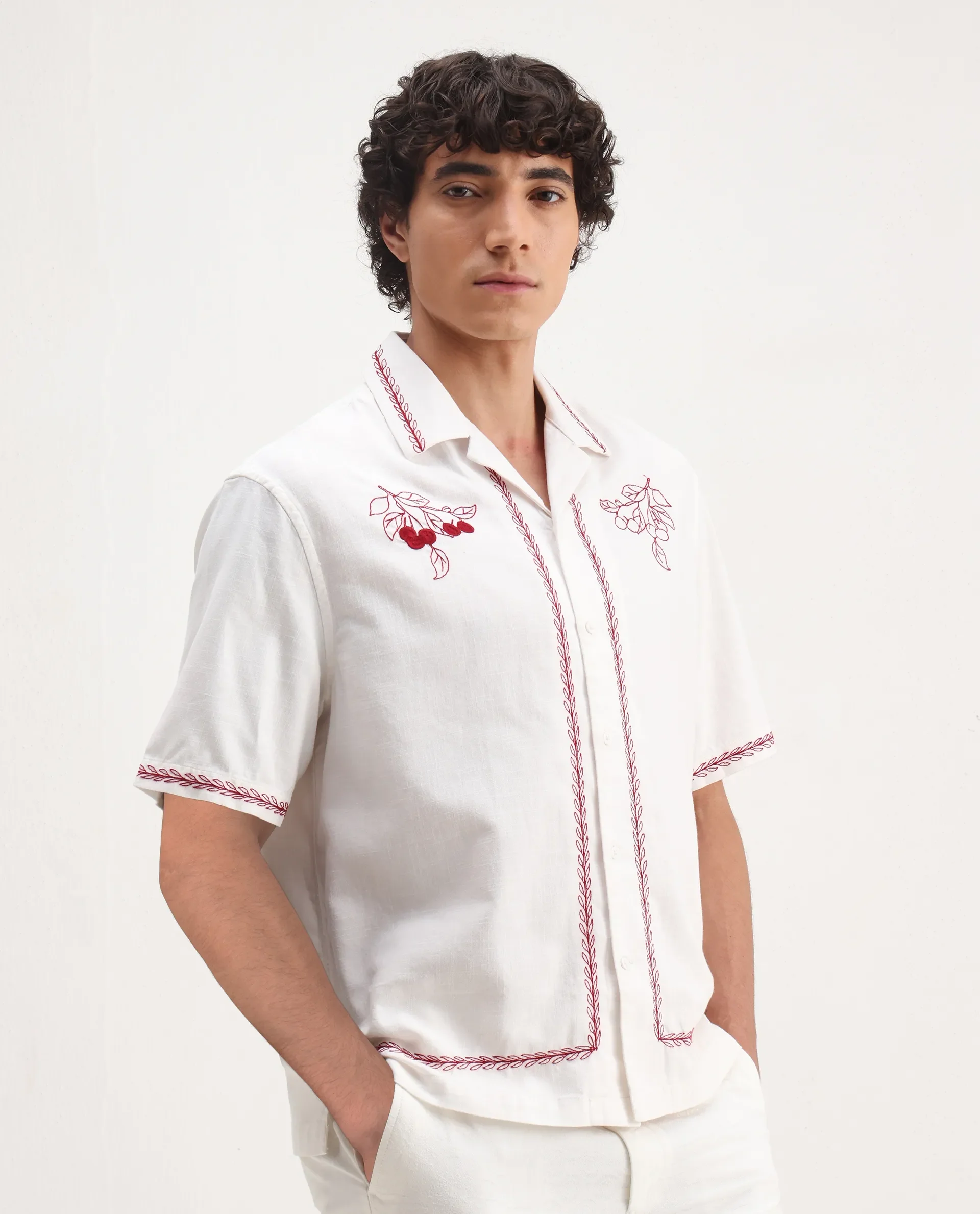 Rare Rabbit Men's Prunus Off White Cotton Embroidered Boxy Fit Half Sleeve Cuban Collar Shirt - Image 4