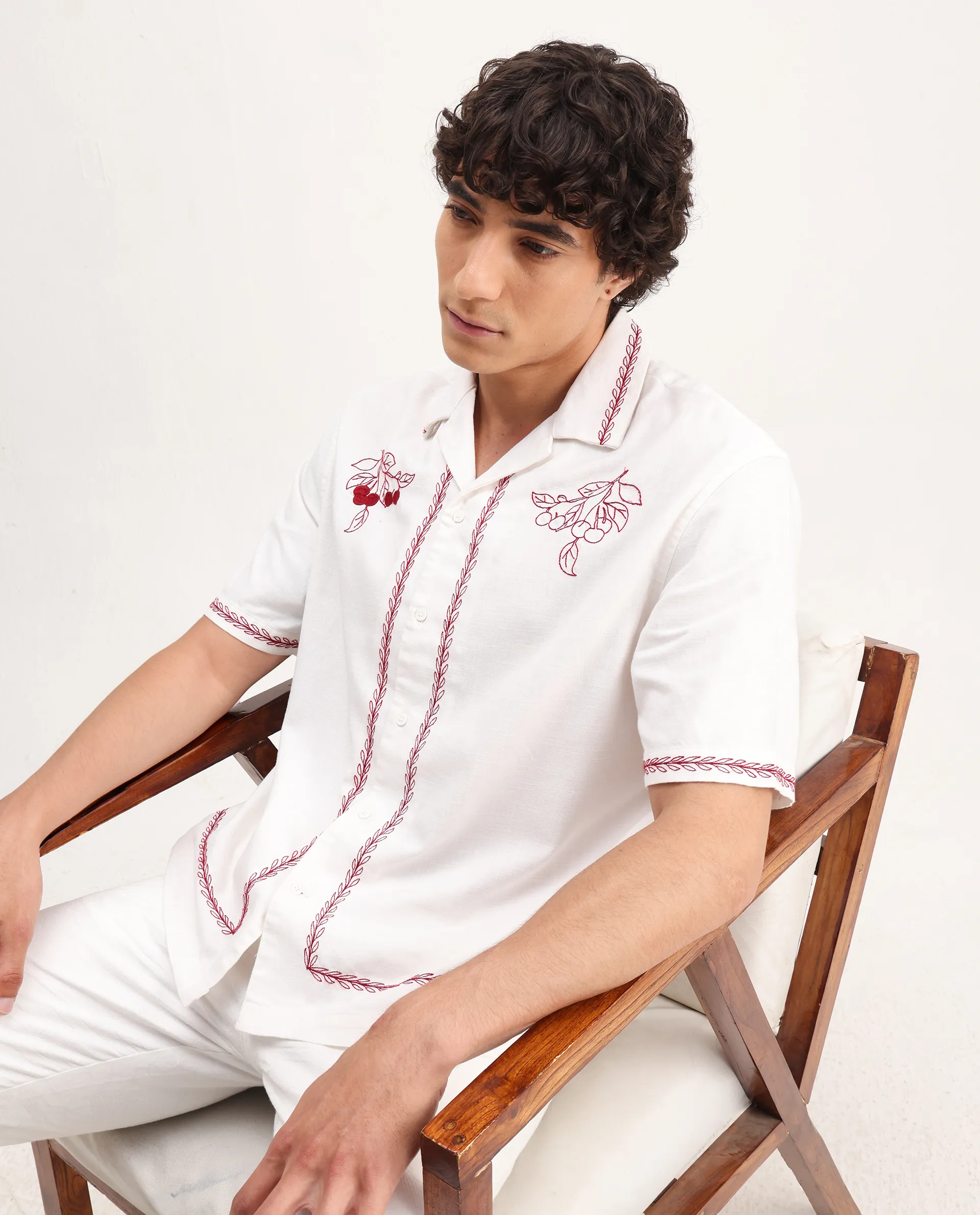 Rare Rabbit Men's Prunus Off White Cotton Embroidered Boxy Fit Half Sleeve Cuban Collar Shirt - Image 5