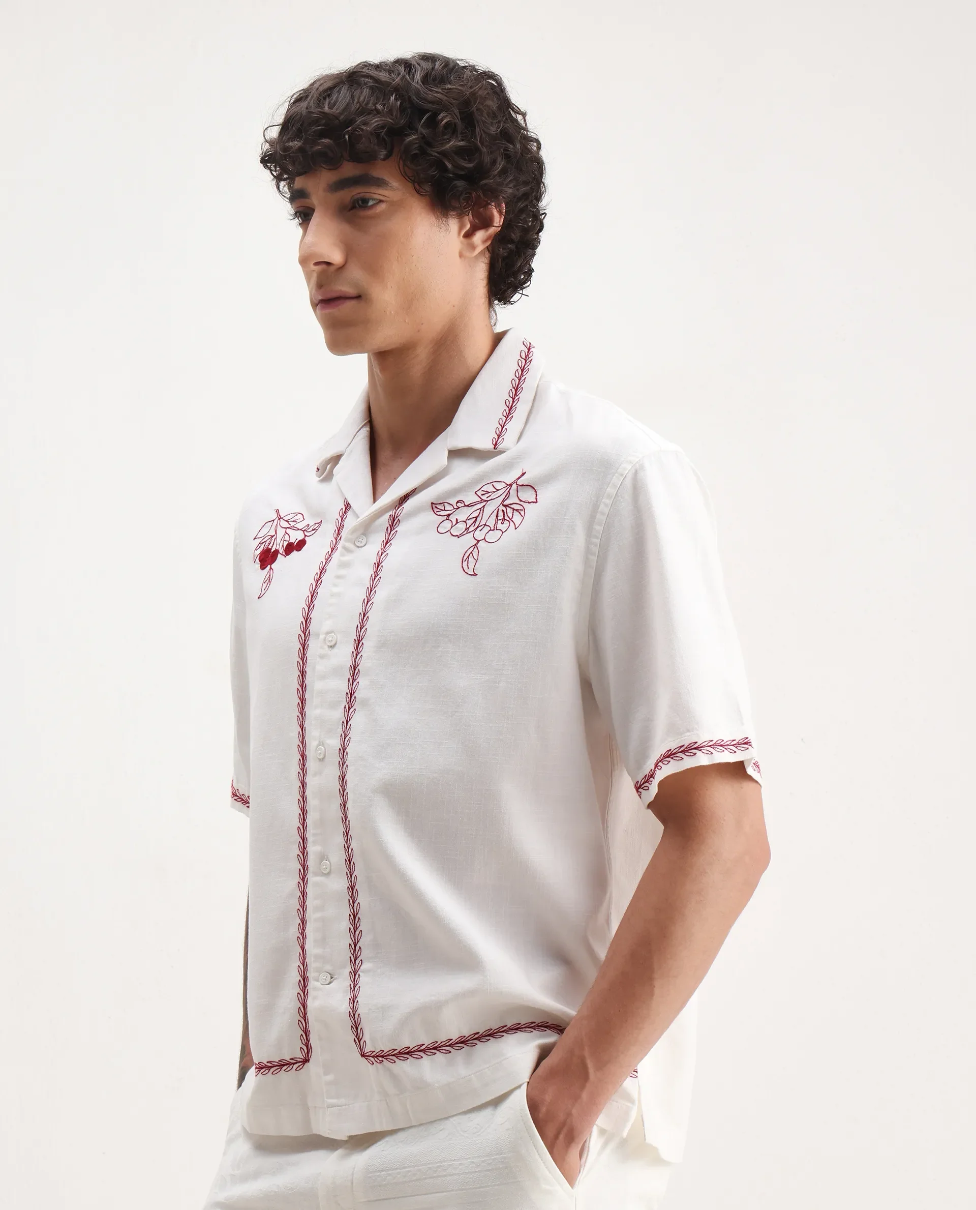 Rare Rabbit Men's Prunus Off White Cotton Embroidered Boxy Fit Half Sleeve Cuban Collar Shirt - Image 6