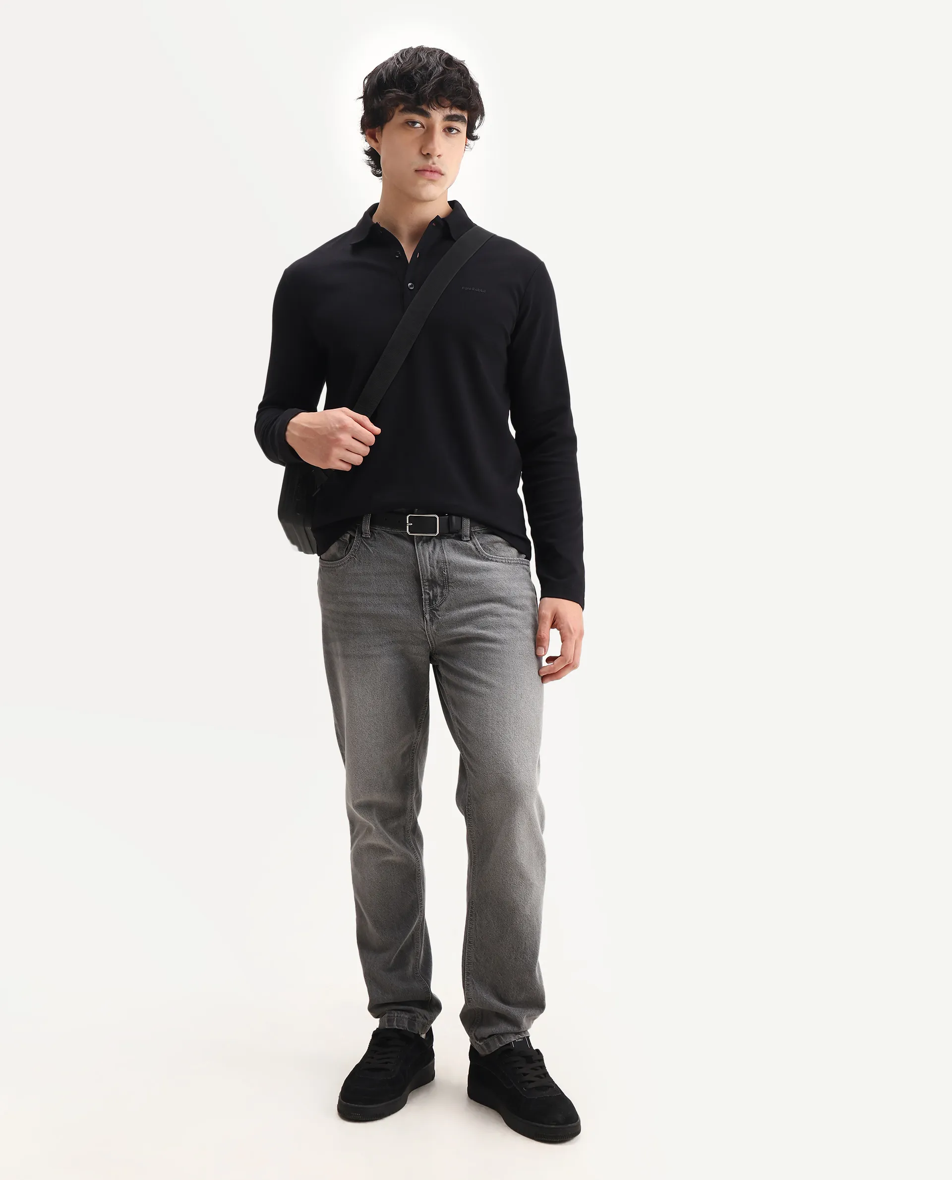 Rare Rabbit Men's Prut Black Cotton Blend Fabric Full Sleeve Spread Collar Plain Polo - Image 2
