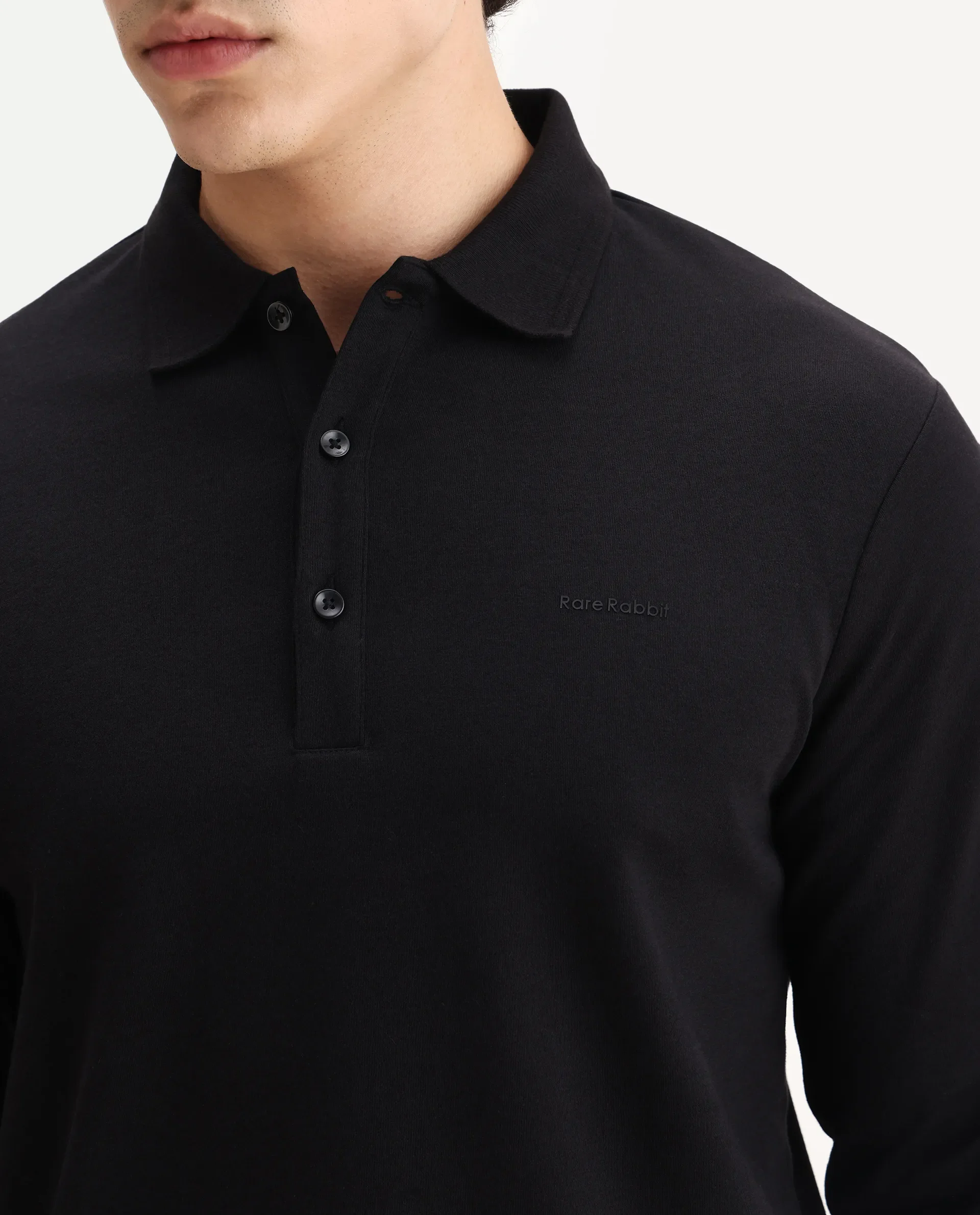 Rare Rabbit Men's Prut Black Cotton Blend Fabric Full Sleeve Spread Collar Plain Polo - Image 3