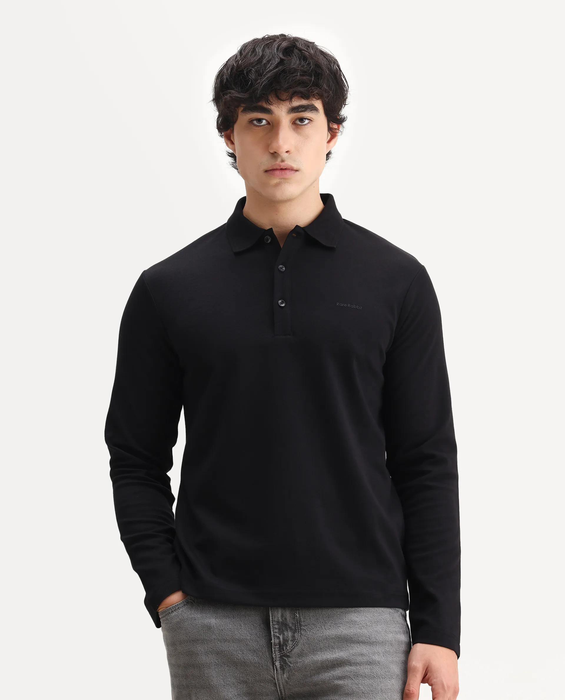 Rare Rabbit Men's Prut Black Cotton Blend Fabric Full Sleeve Spread Collar Plain Polo - Image 4