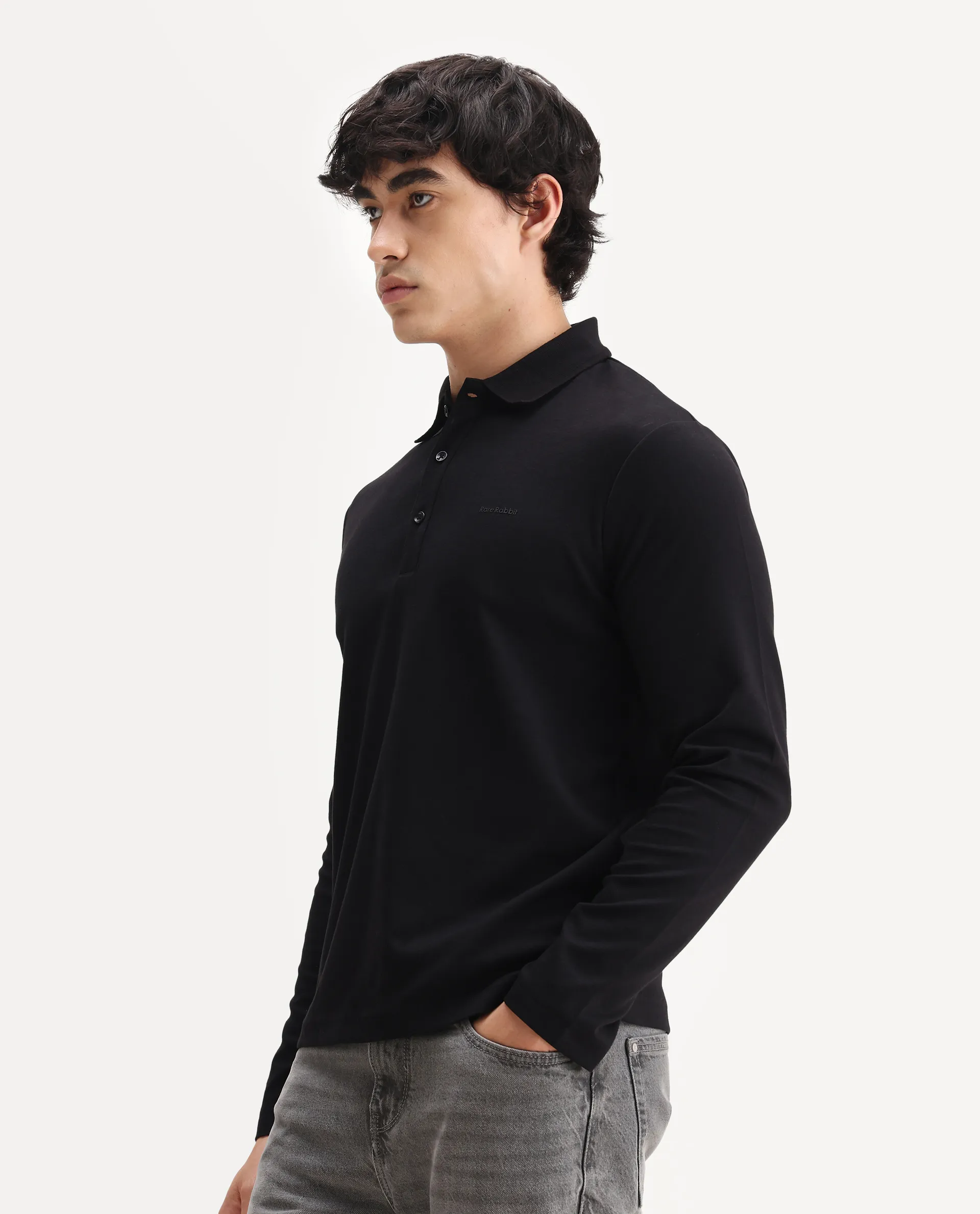 Rare Rabbit Men's Prut Black Cotton Blend Fabric Full Sleeve Spread Collar Plain Polo - Image 5
