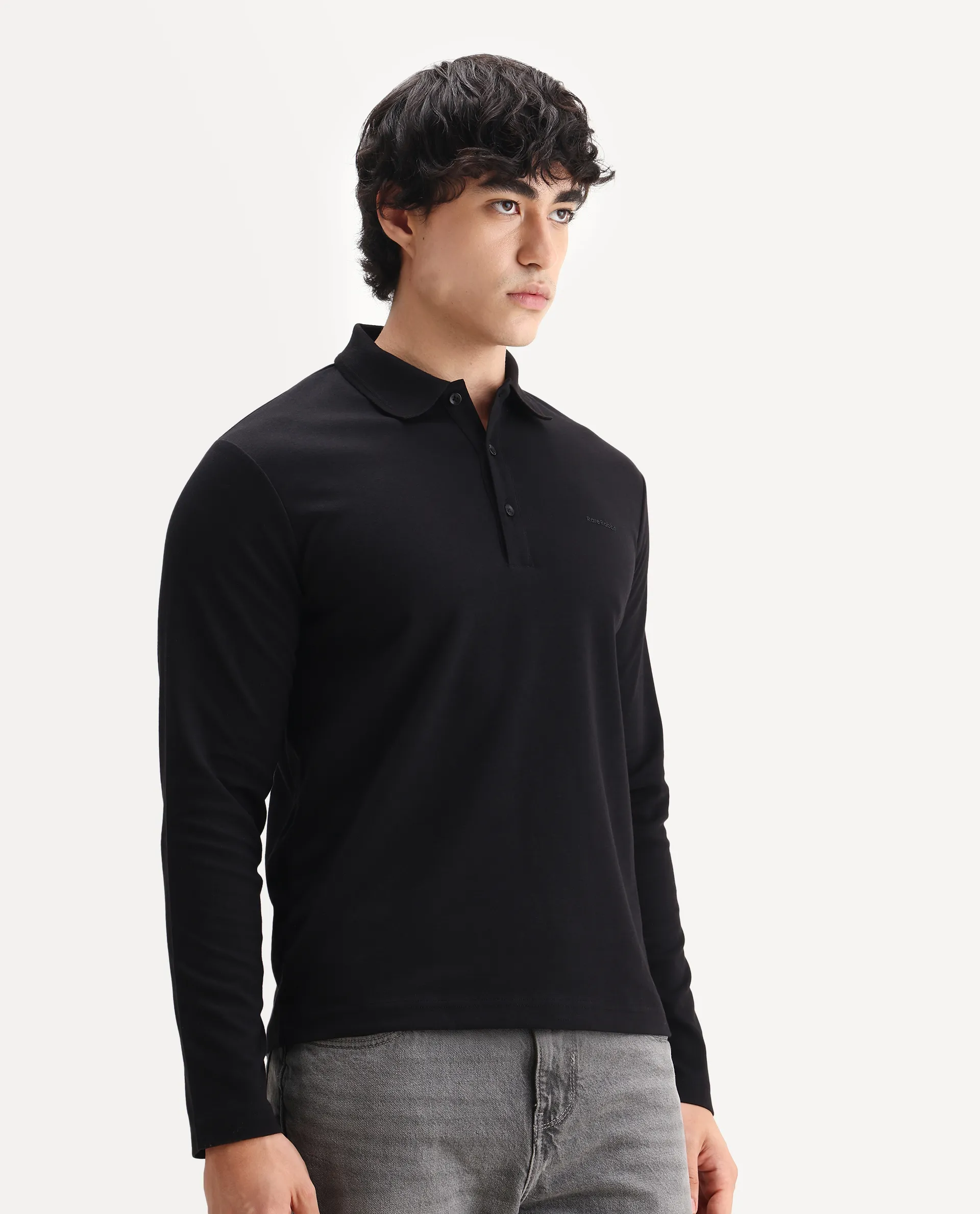 Rare Rabbit Men's Prut Black Cotton Blend Fabric Full Sleeve Spread Collar Plain Polo - Image 6