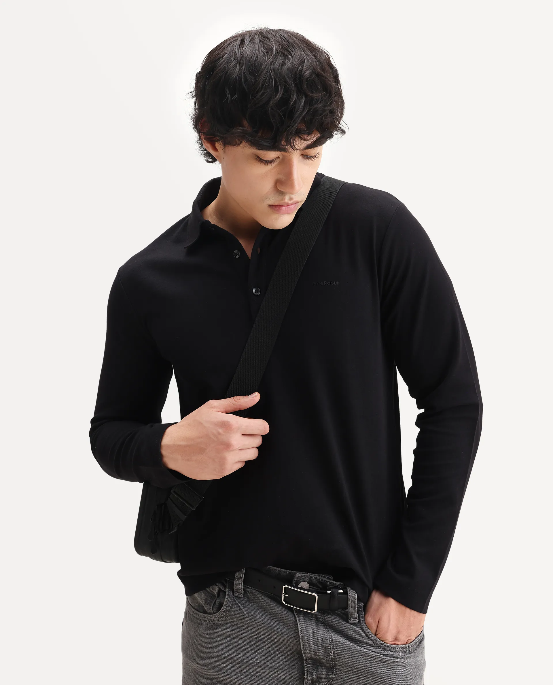 Rare Rabbit Men's Prut Black Cotton Blend Fabric Full Sleeve Spread Collar Plain Polo - Image 7