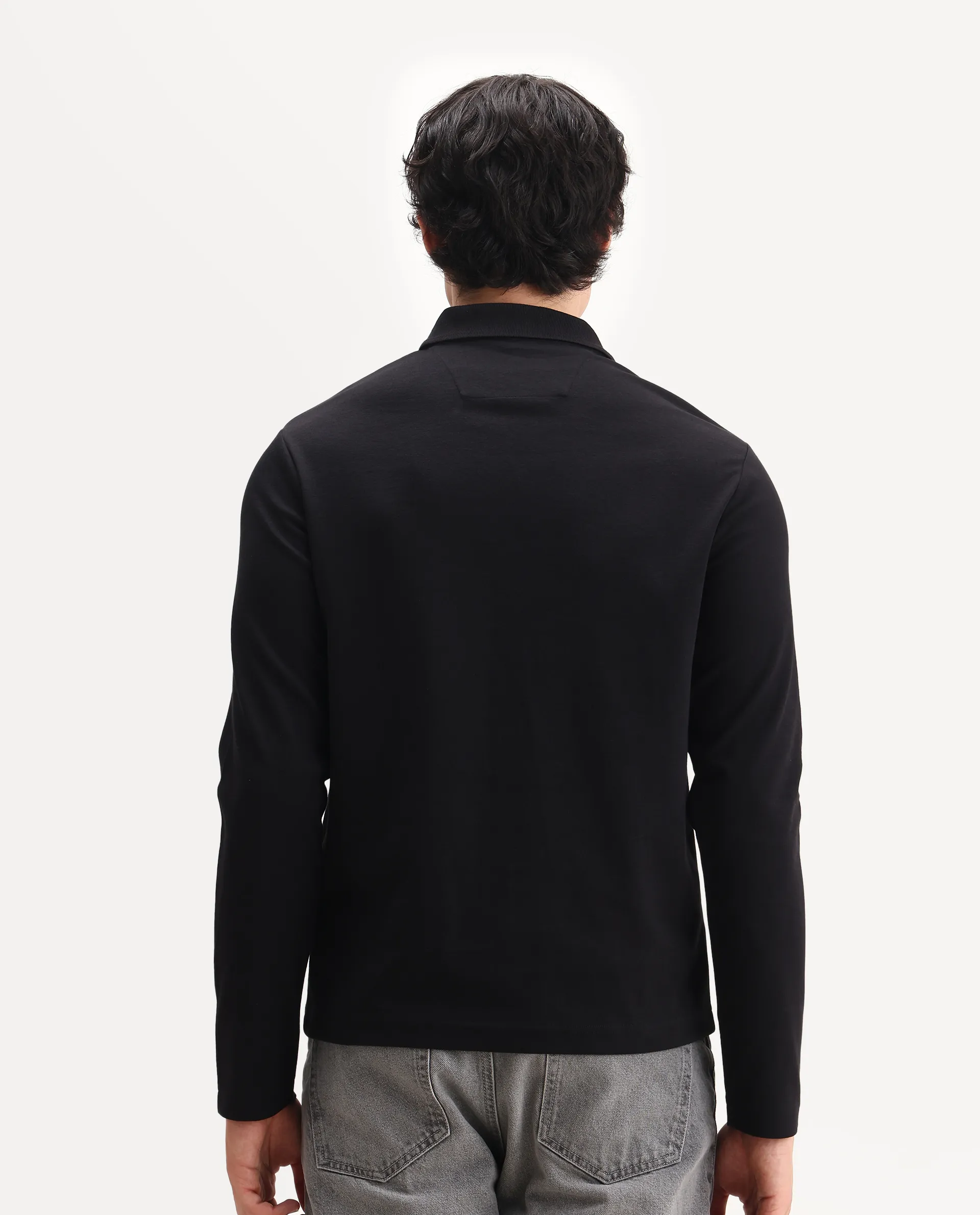 Rare Rabbit Men's Prut Black Cotton Blend Fabric Full Sleeve Spread Collar Plain Polo - Image 8