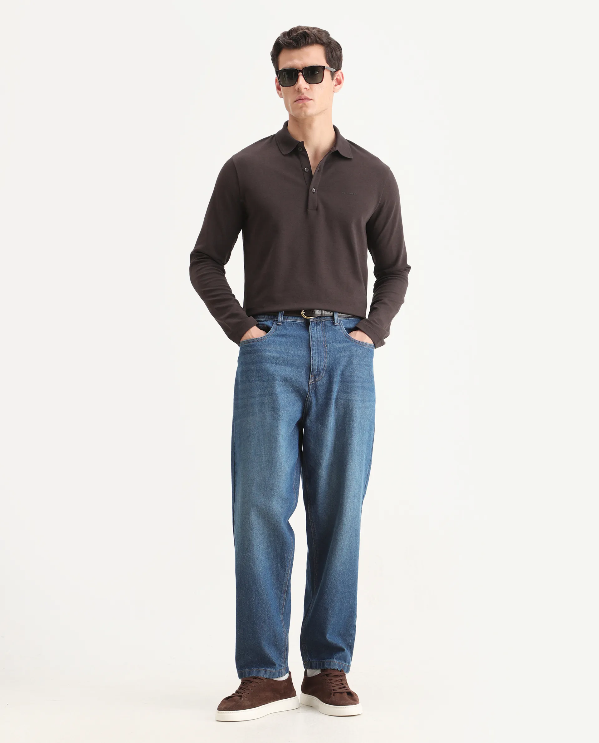 Rare Rabbit Men's Prut Dark Brown Cotton Blend Fabric Full Sleeve Spread Collar Plain Polo - Image 2