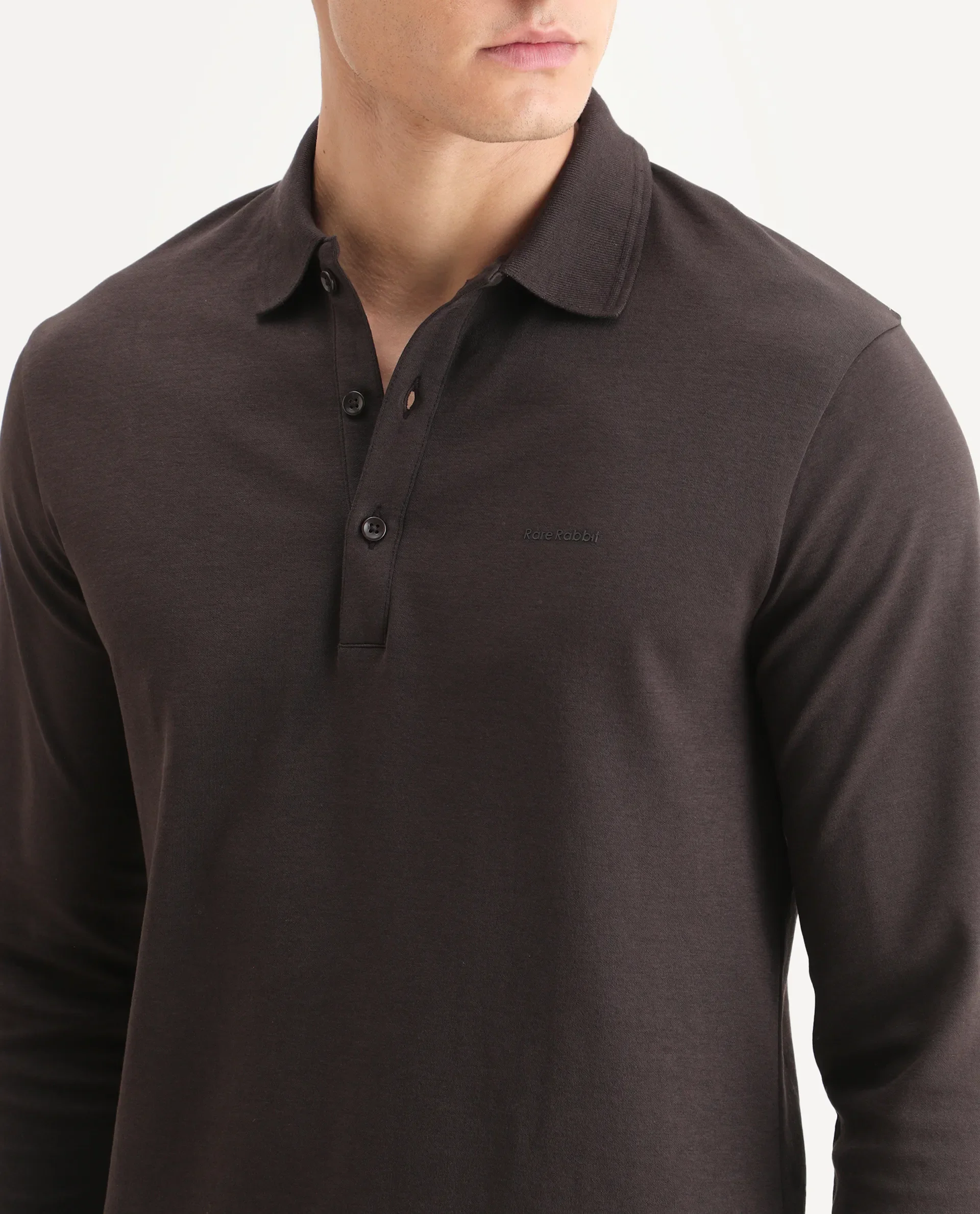 Rare Rabbit Men's Prut Dark Brown Cotton Blend Fabric Full Sleeve Spread Collar Plain Polo - Image 3