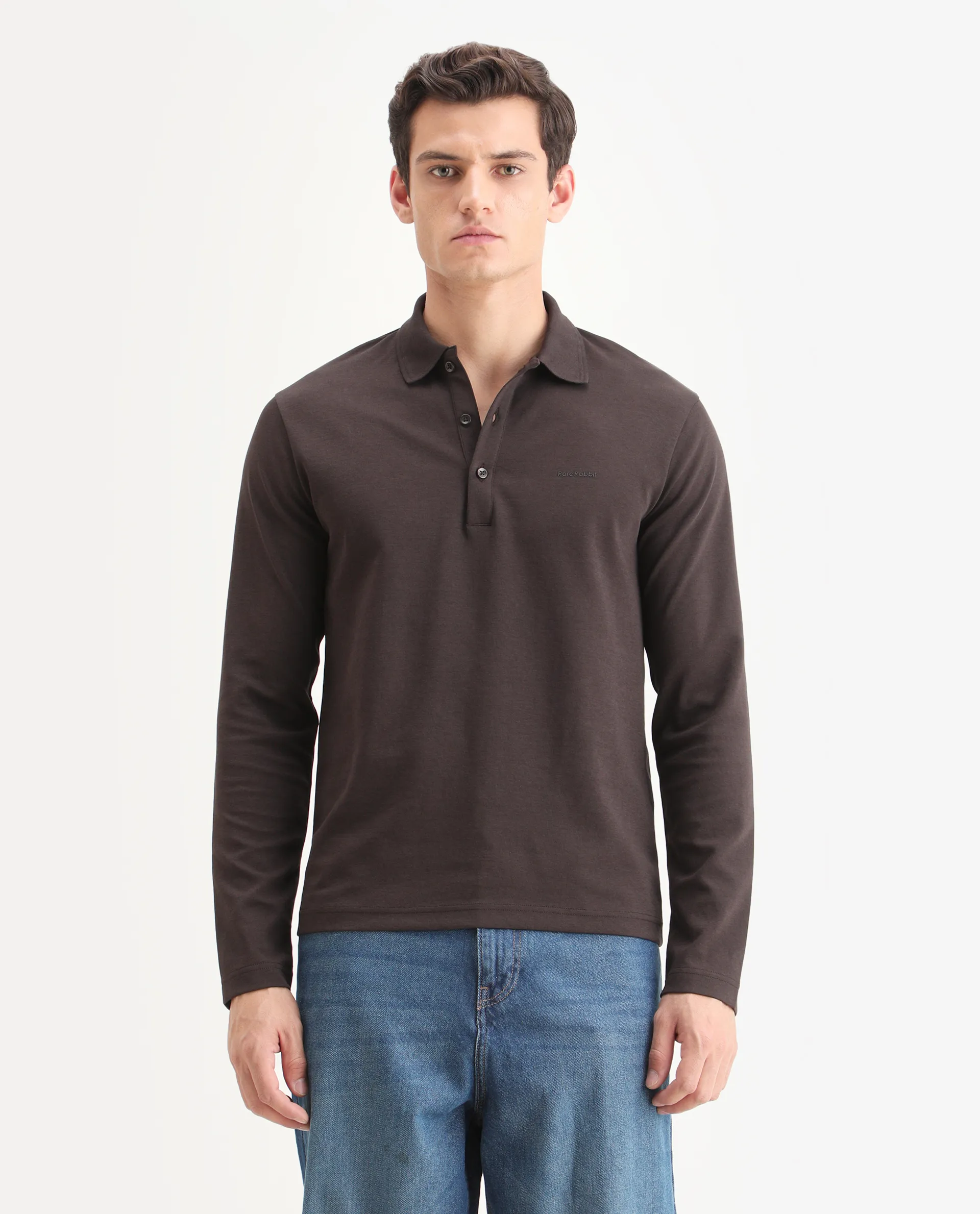 Rare Rabbit Men's Prut Dark Brown Cotton Blend Fabric Full Sleeve Spread Collar Plain Polo - Image 4