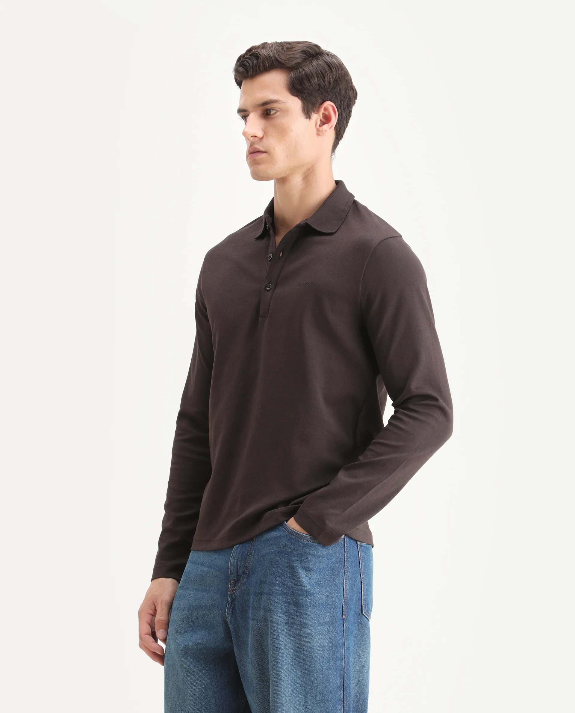 Rare Rabbit Men's Prut Dark Brown Cotton Blend Fabric Full Sleeve Spread Collar Plain Polo - Image 5