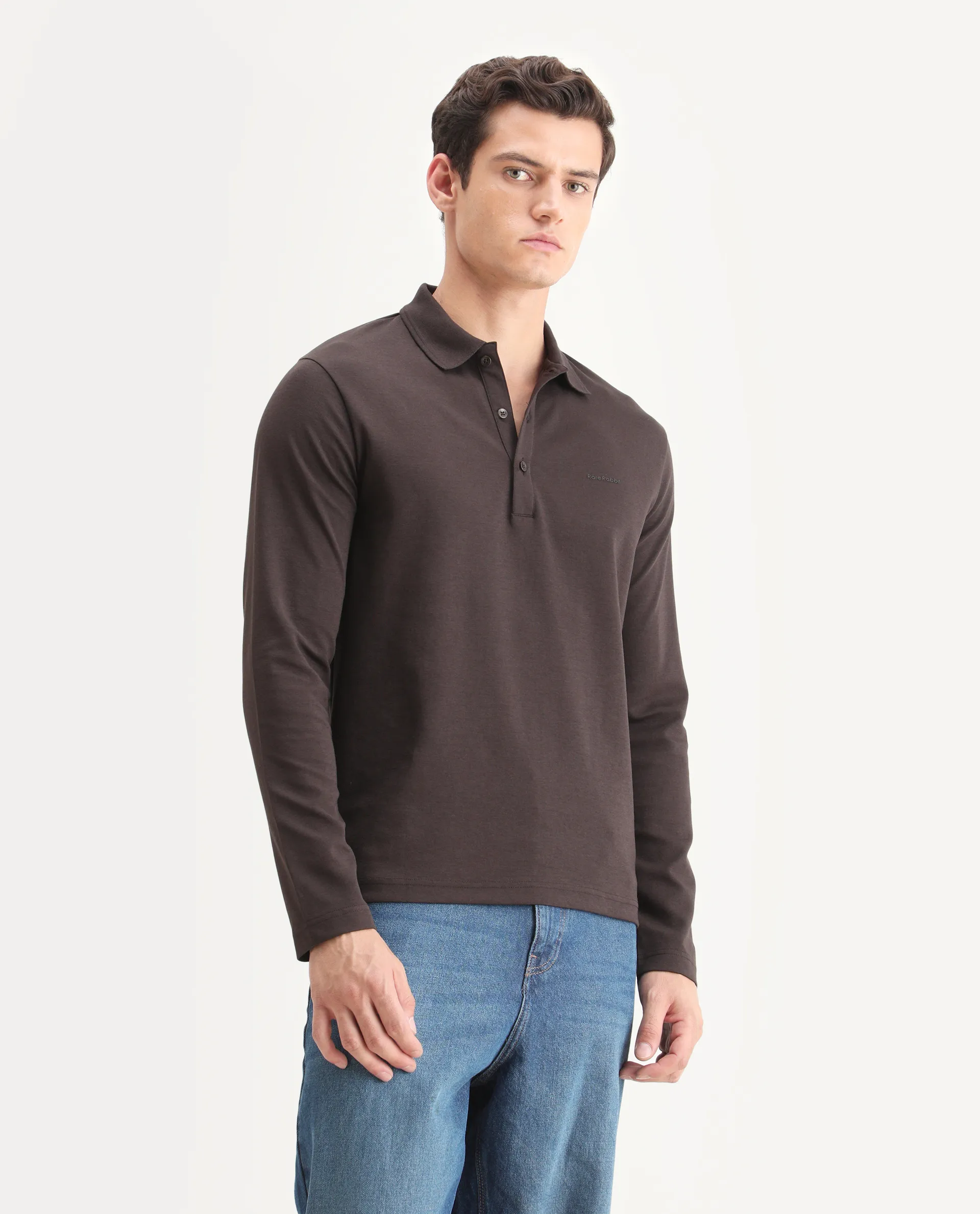 Rare Rabbit Men's Prut Dark Brown Cotton Blend Fabric Full Sleeve Spread Collar Plain Polo - Image 6