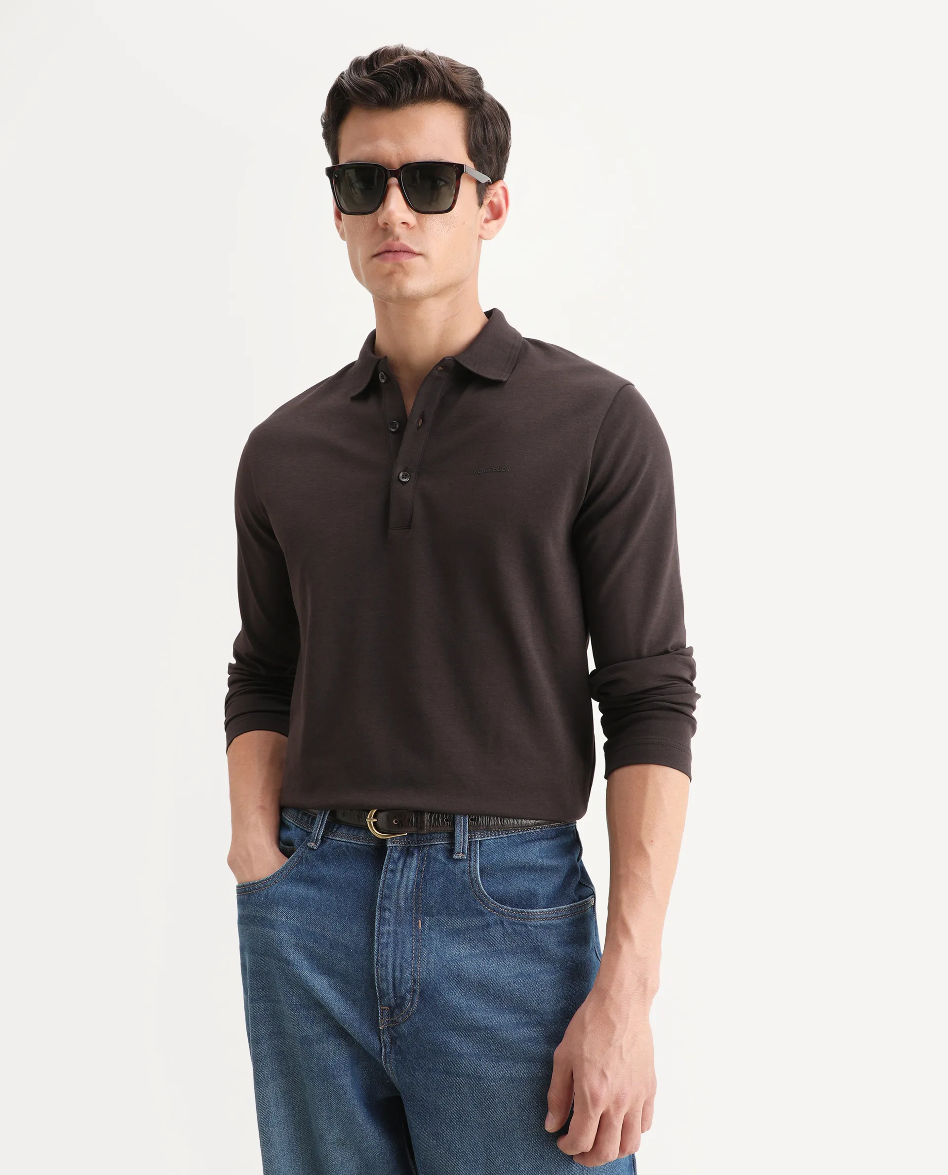 Rare Rabbit Men's Prut Dark Brown Cotton Blend Fabric Full Sleeve Spread Collar Plain Polo - Image 7